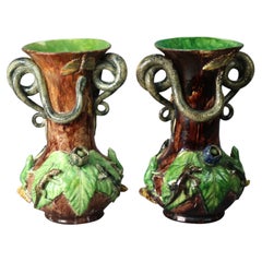 Large Antique Figural Palissy Ware Majolica Pottery Vases, Mafra Portugal, 19thC