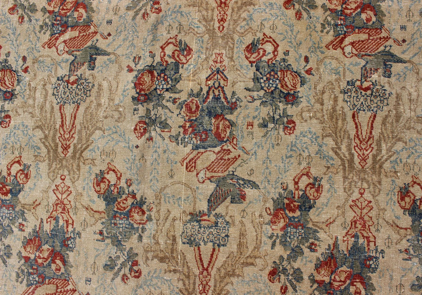 Antique Fine Tabriz Persian Carpet in Ivory Background in Florals & Bird Design For Sale 4