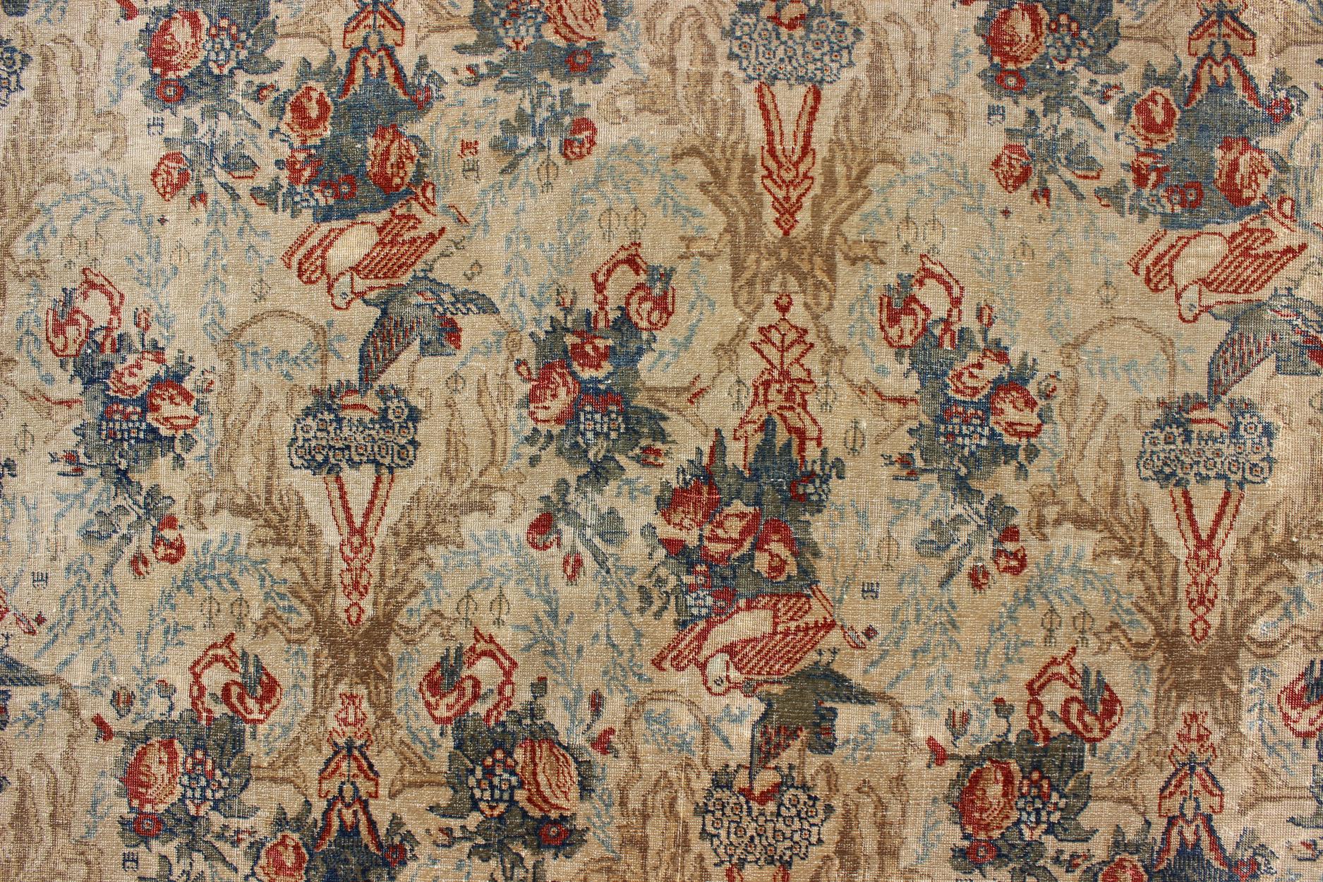 Antique Fine Tabriz Persian Carpet in Ivory Background in Florals & Bird Design For Sale 3