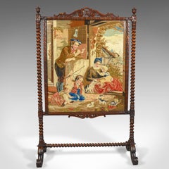 Large Antique Fire Screen, Needlepoint Tapestry Panel, Walnut Frame, circa 1850