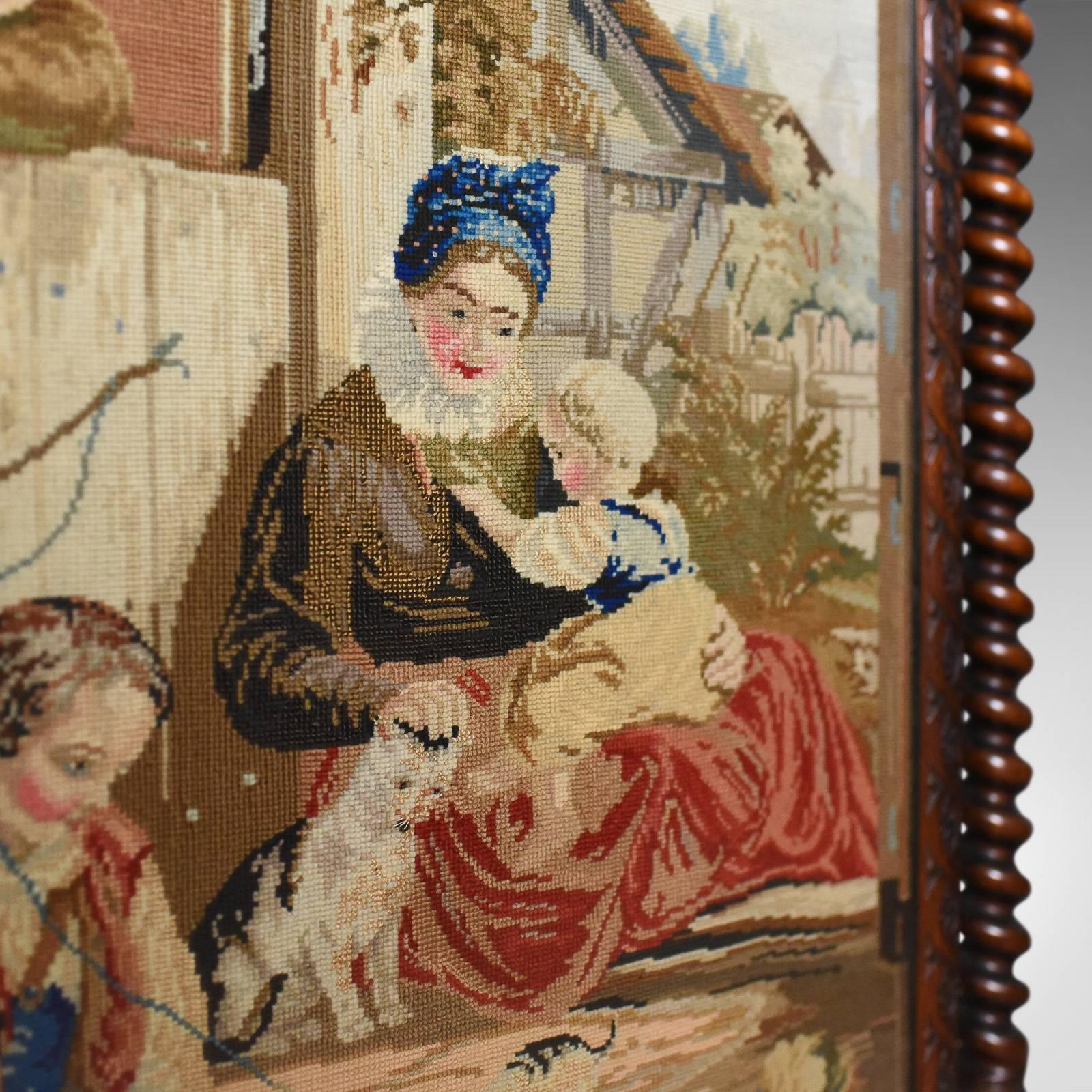 Victorian Large Antique Fire Screen, Needlepoint Tapestry Panel, Walnut Frame, circa 1850
