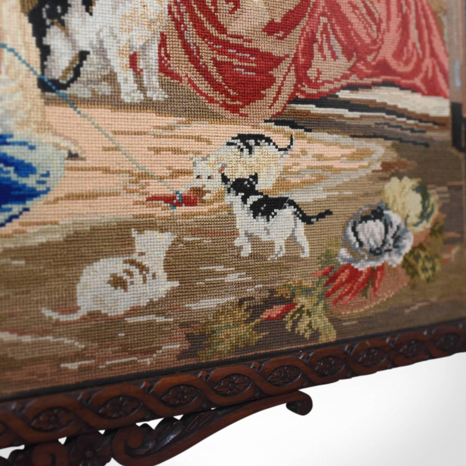 Large Antique Fire Screen, Needlepoint Tapestry Panel, Walnut Frame, circa 1850 In Good Condition In Hele, Devon, GB