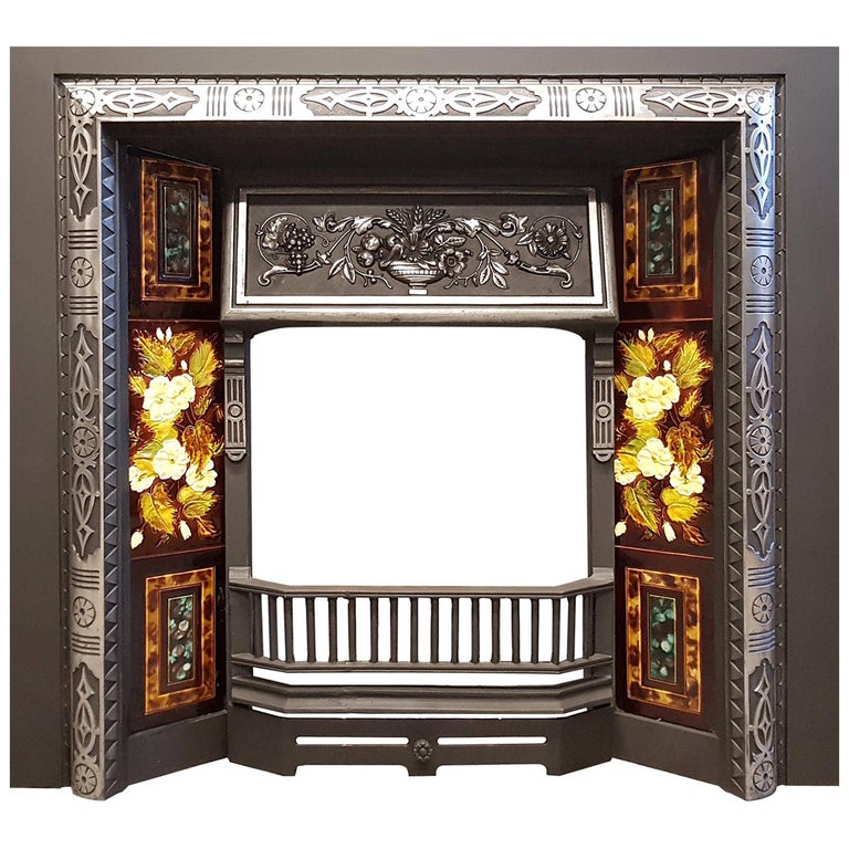 Large Antique Fireplace Insert with Original Tiles and Polished Details