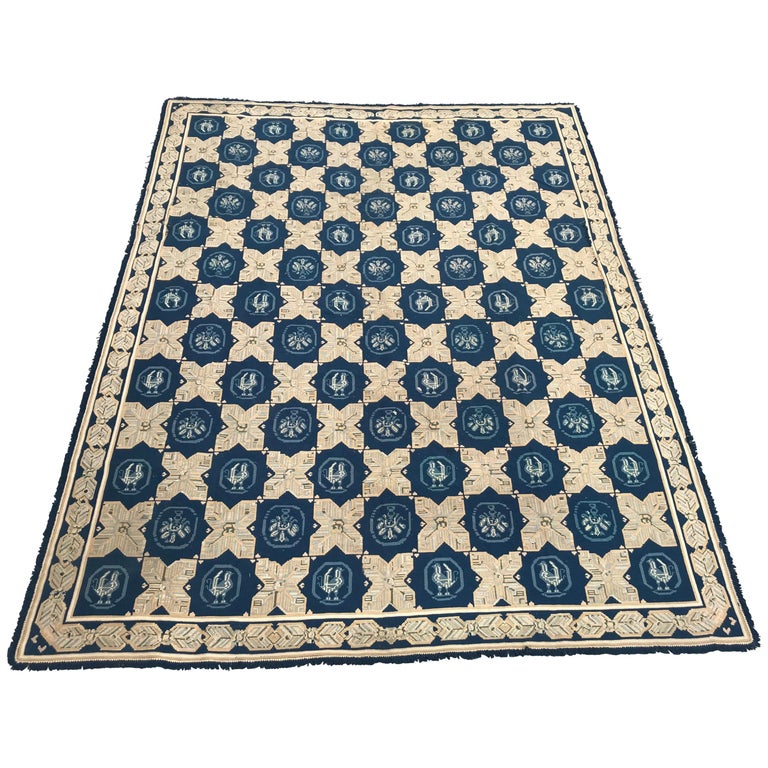 Large Antique Flat Portuguese Needlepoint Rug For Sale at 1stdibs