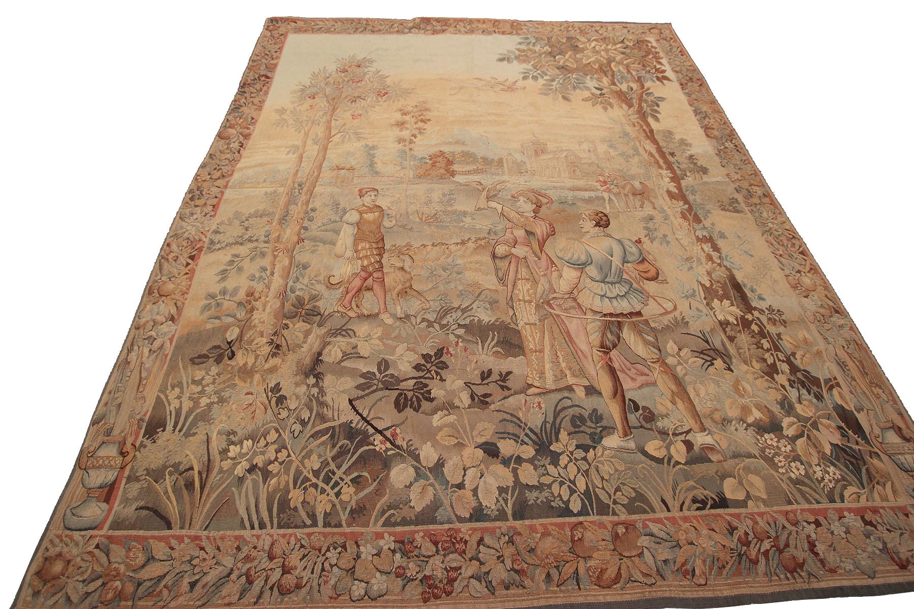 Belgian Large Antique Flemish Tapestry Antique Tapestry Verdure Wool & Silk 1850 For Sale