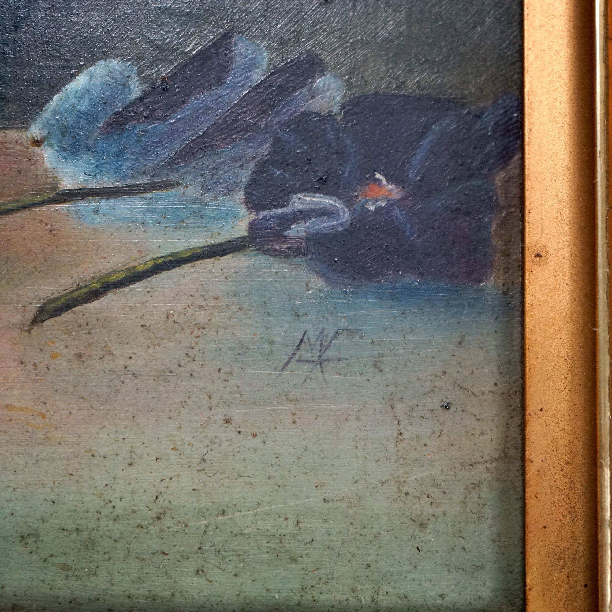 Large Antique Floral Still Life Oil on Board Painting of Pansies C1910 In Good Condition In Big Flats, NY