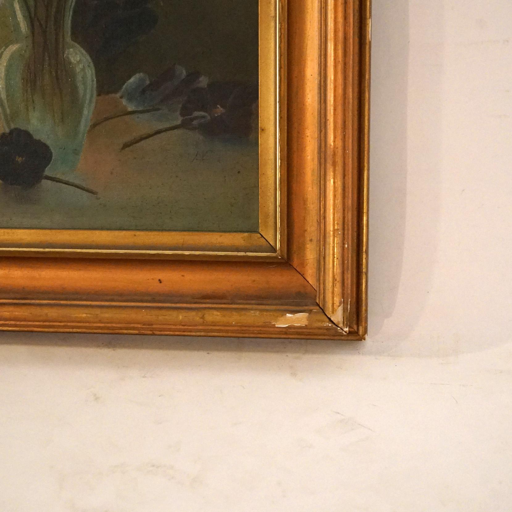 20th Century Large Antique Floral Still Life Oil on Board Painting of Pansies C1910