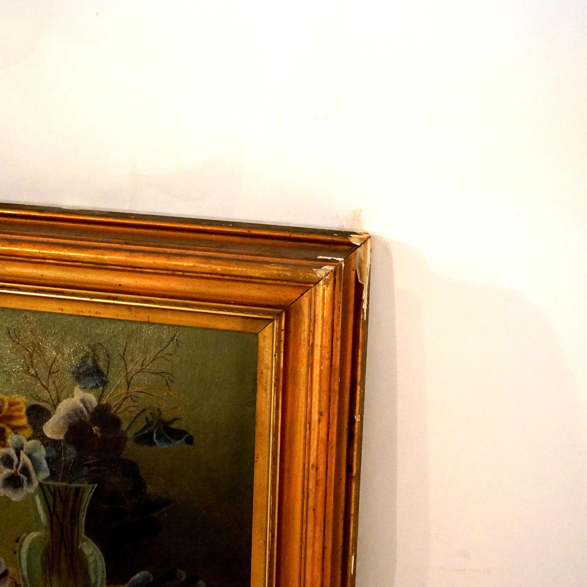 Large Antique Floral Still Life Oil on Board Painting of Pansies C1910 3