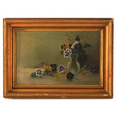 Large Antique Floral Still Life Oil on Board Painting of Pansies C1910