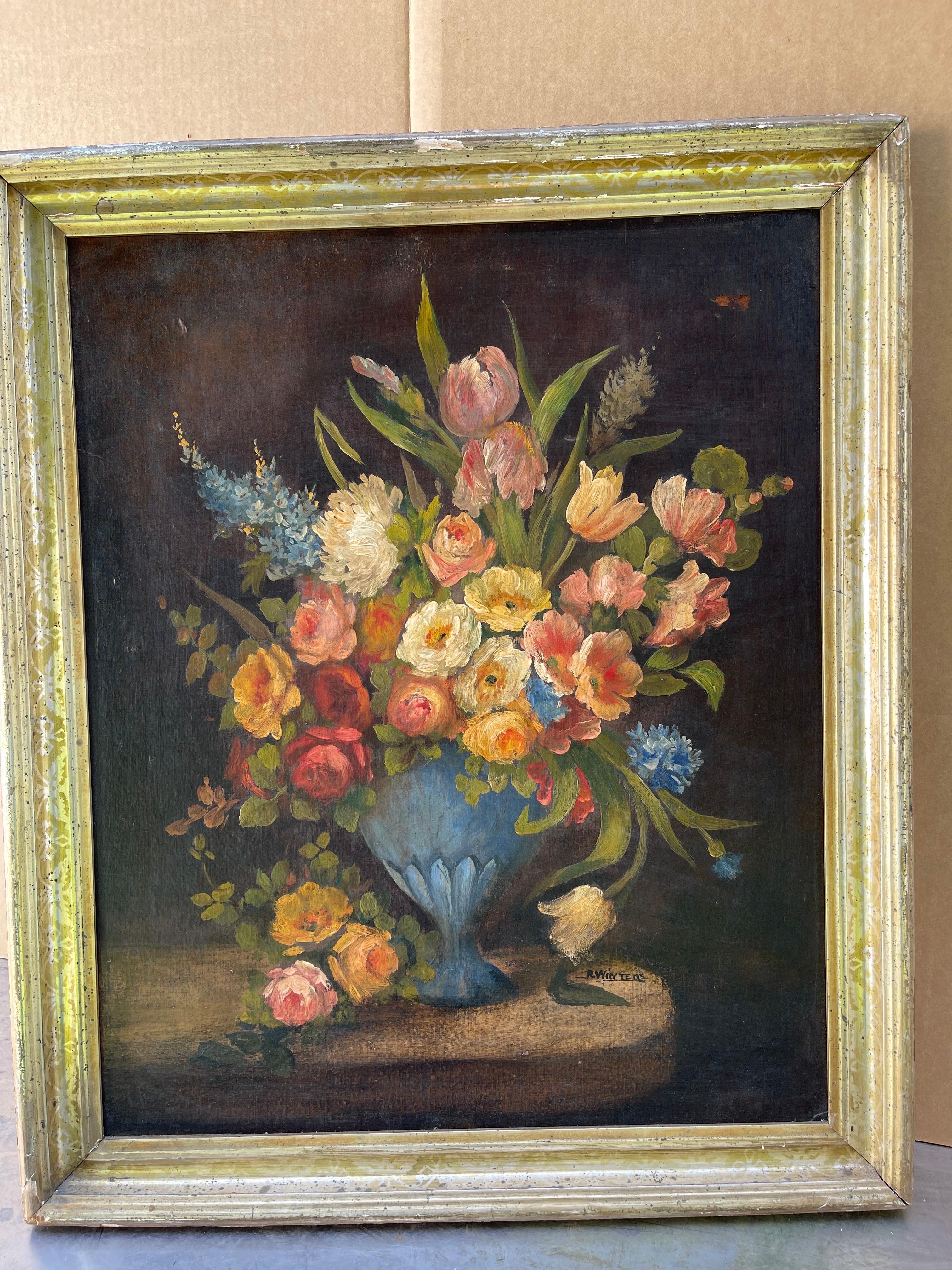 Large Antique Floral Still Life on Board In Good Condition For Sale In Redding, CT