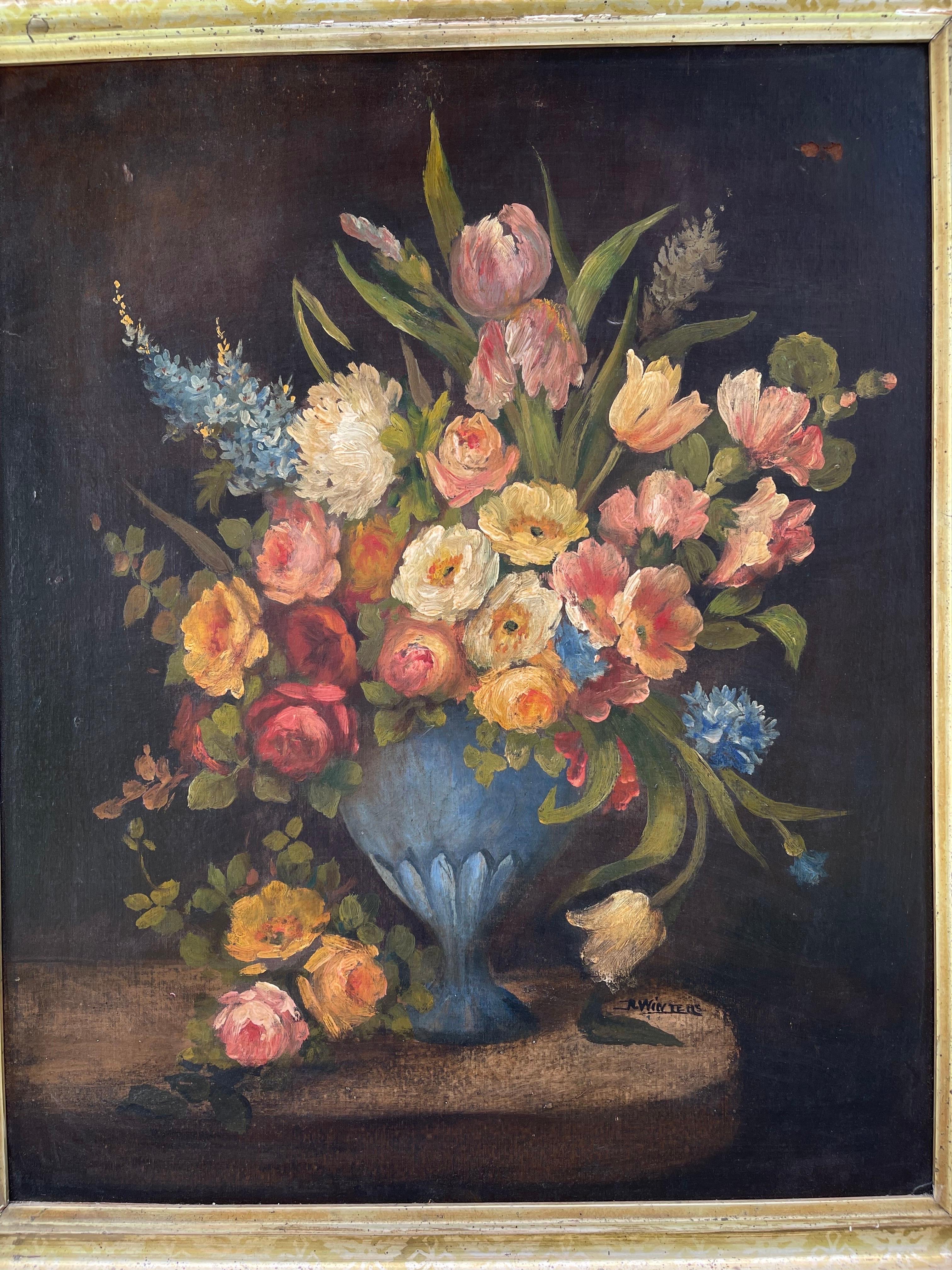 Mid-20th Century Large Antique Floral Still Life on Board For Sale