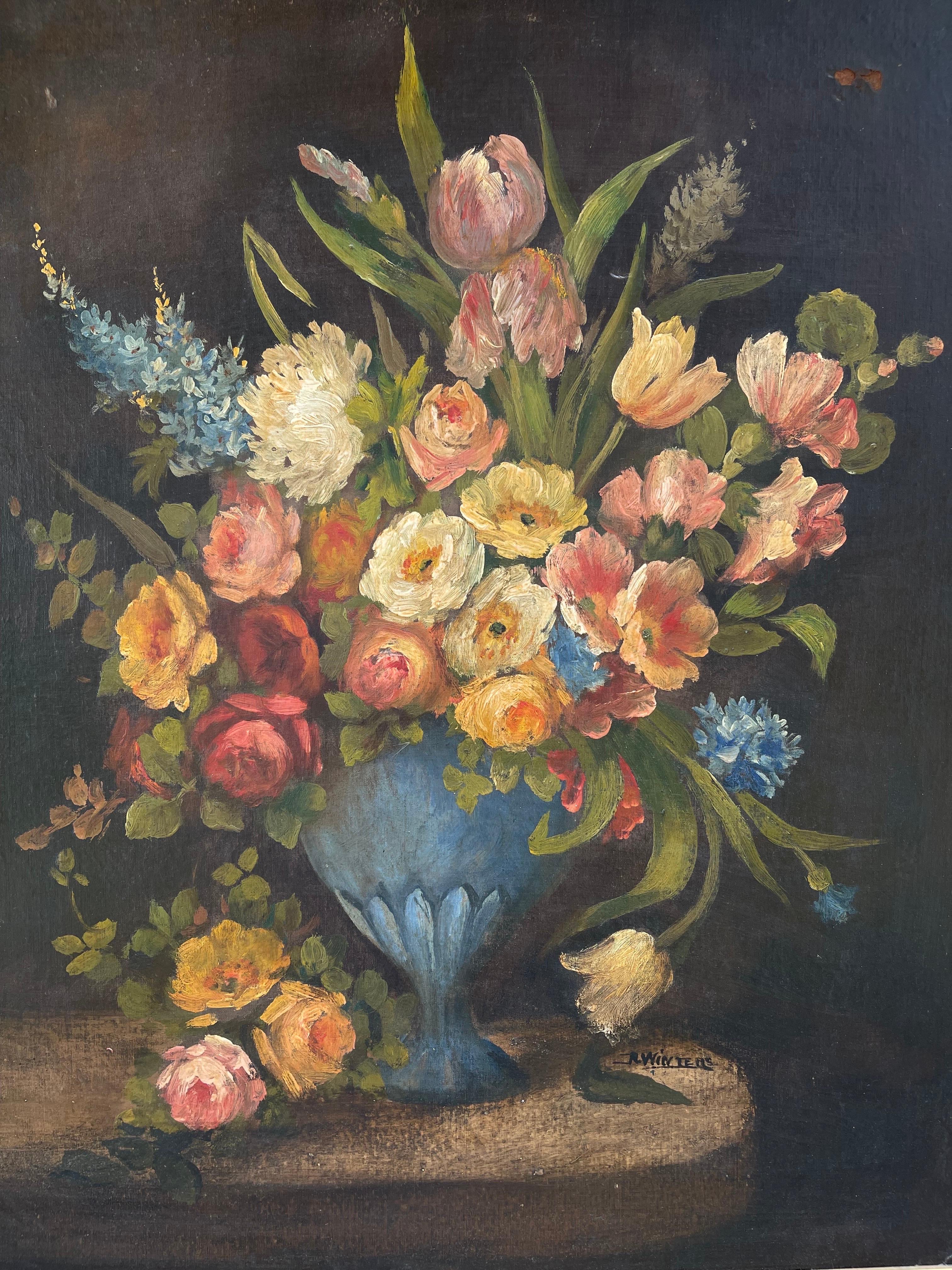 Paint Large Antique Floral Still Life on Board For Sale