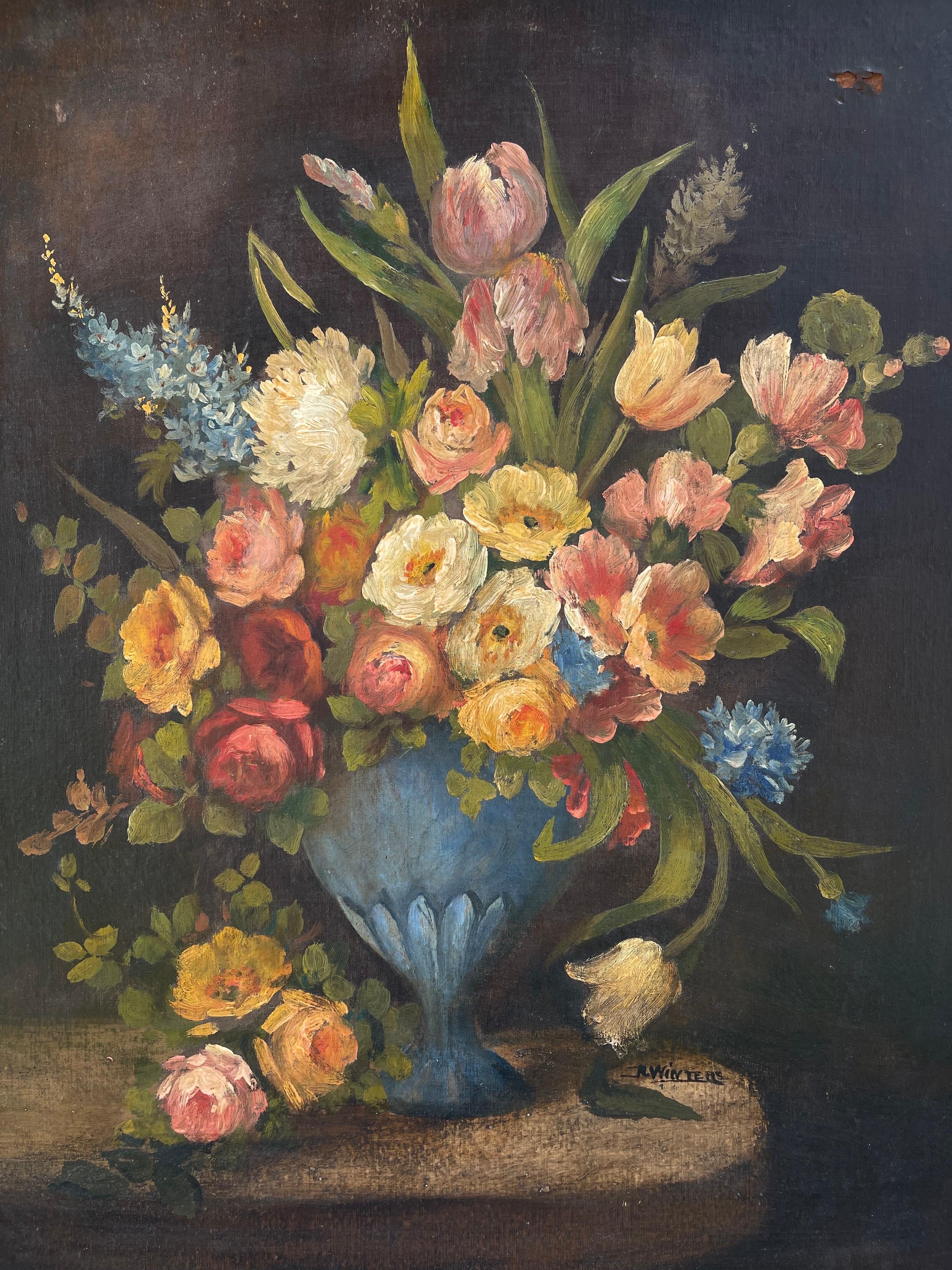 Large Antique Floral Still Life on Board For Sale 1