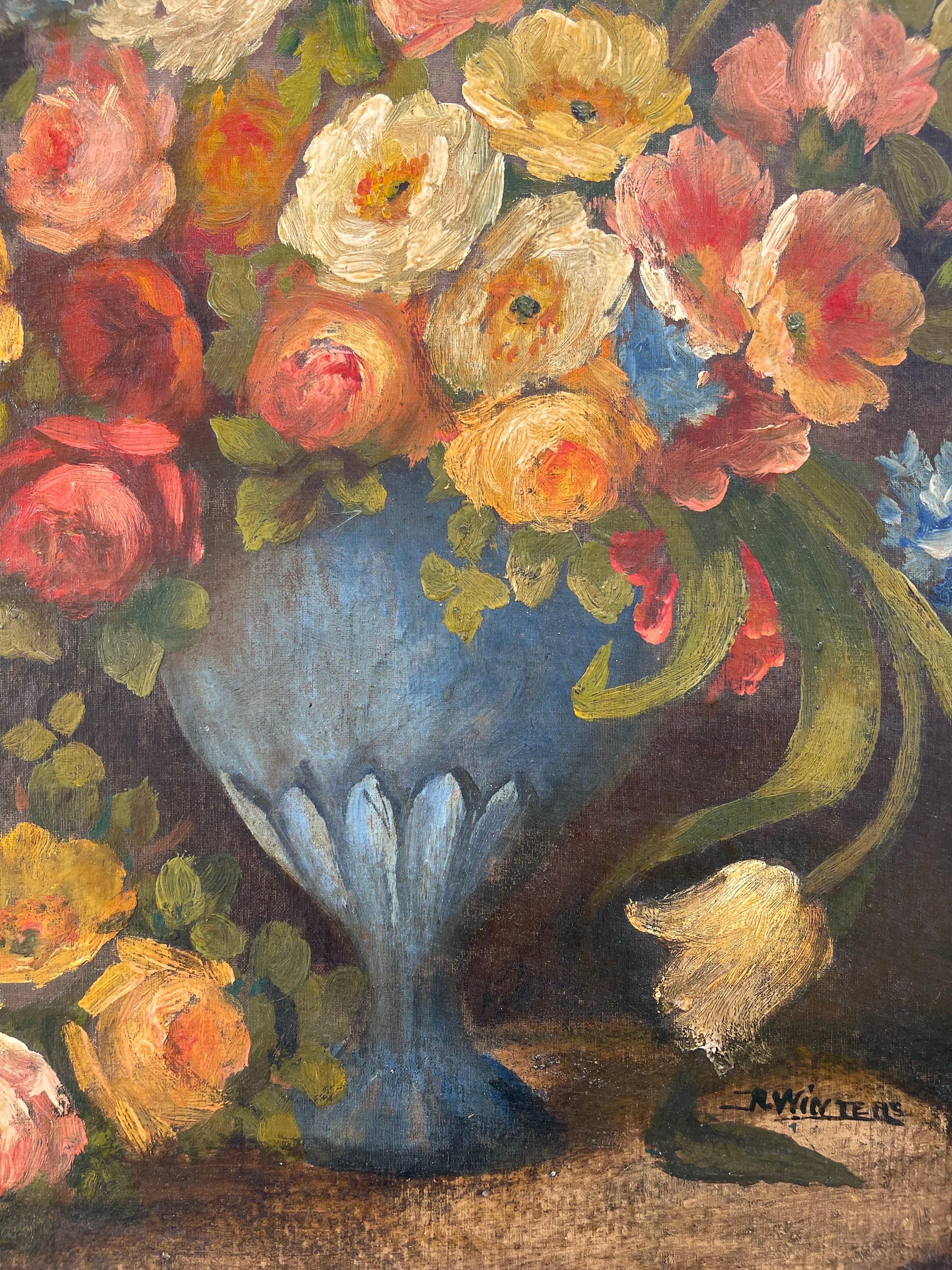 Large Antique Floral Still Life on Board For Sale 3
