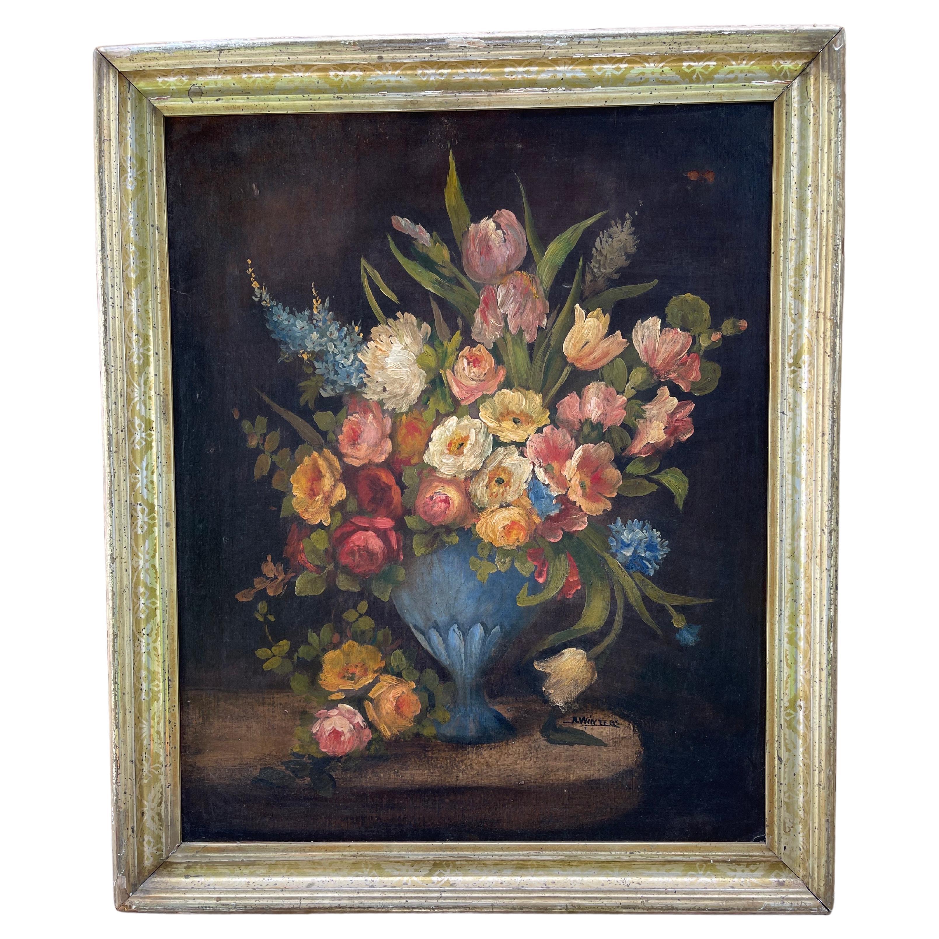 Large Antique Floral Still Life on Board