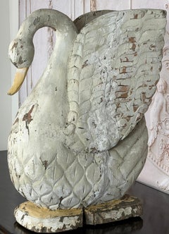 Large Antique Folk Art Carved Wood Swan - Original White Patina