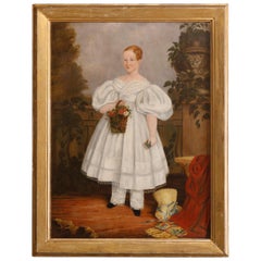 Large Antique Folk Art Oil Painting on Canvas Full Portrait of Young Girl, c1840