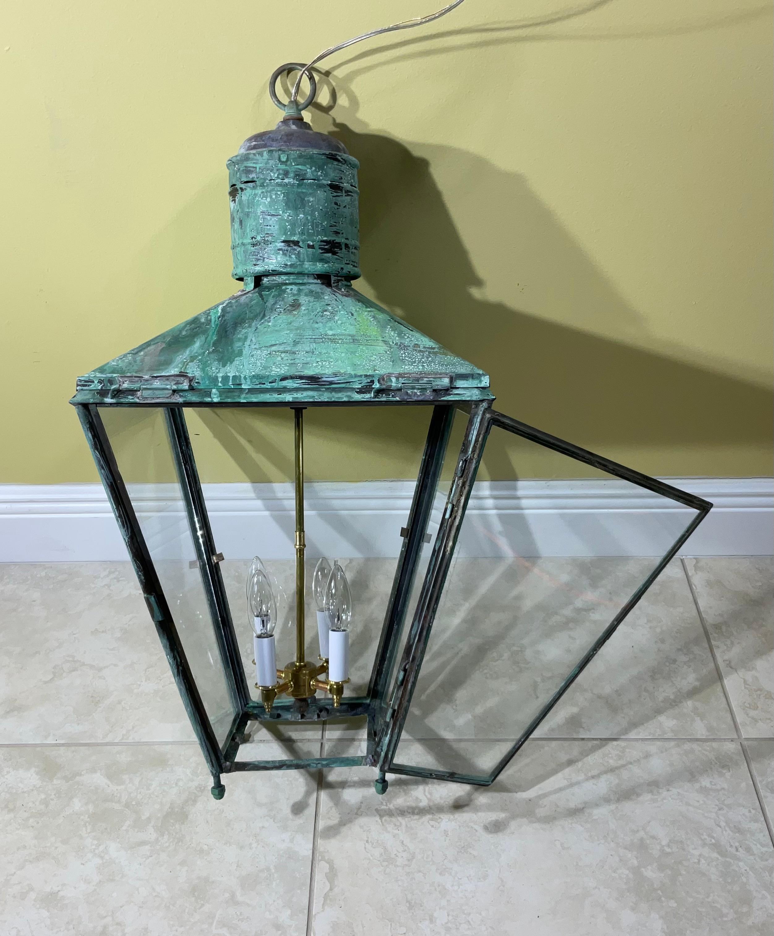 Large Antique Four-Sides Hanging Copper Lantern 3