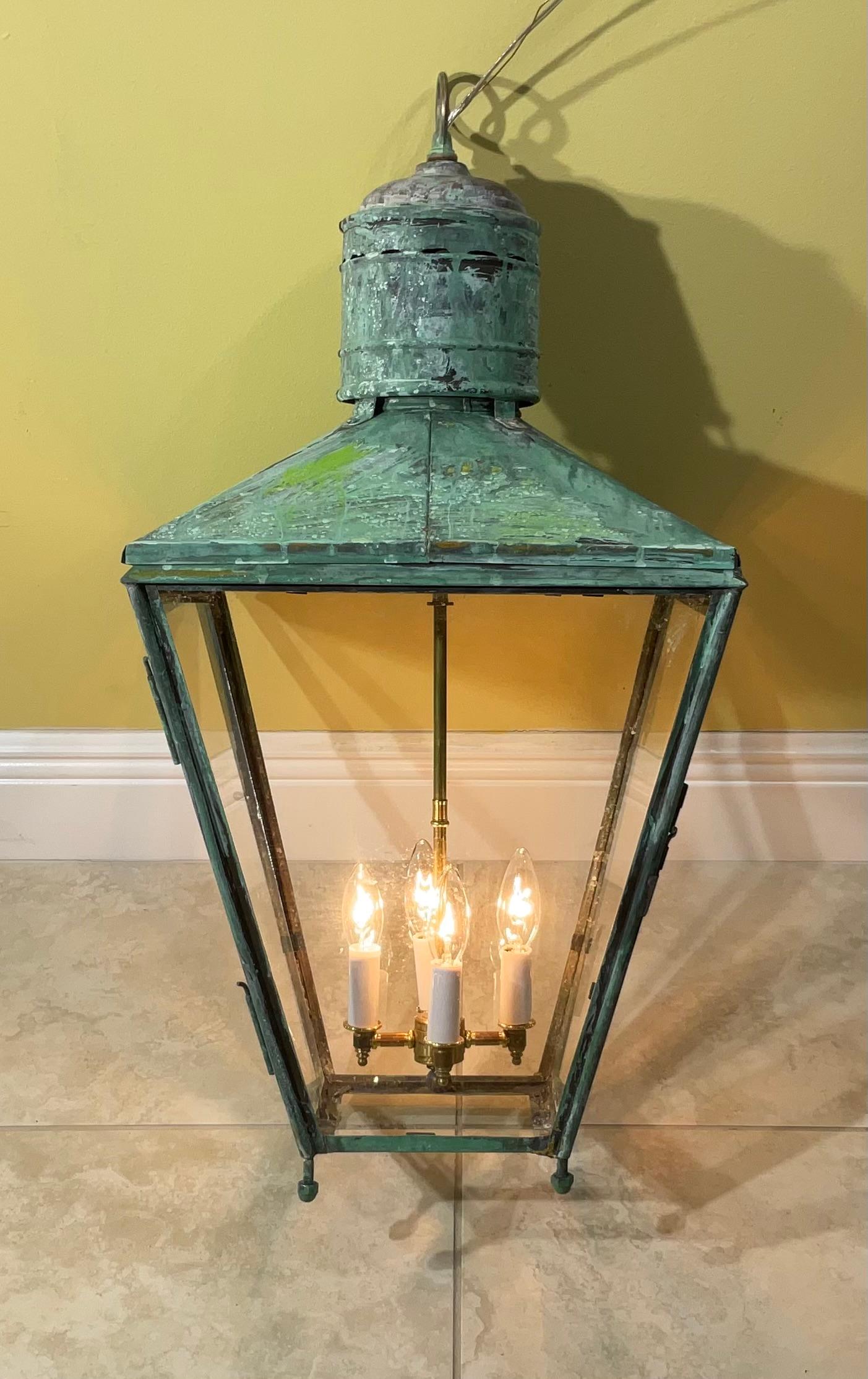 American Large Antique Four-Sides Hanging Copper Lantern