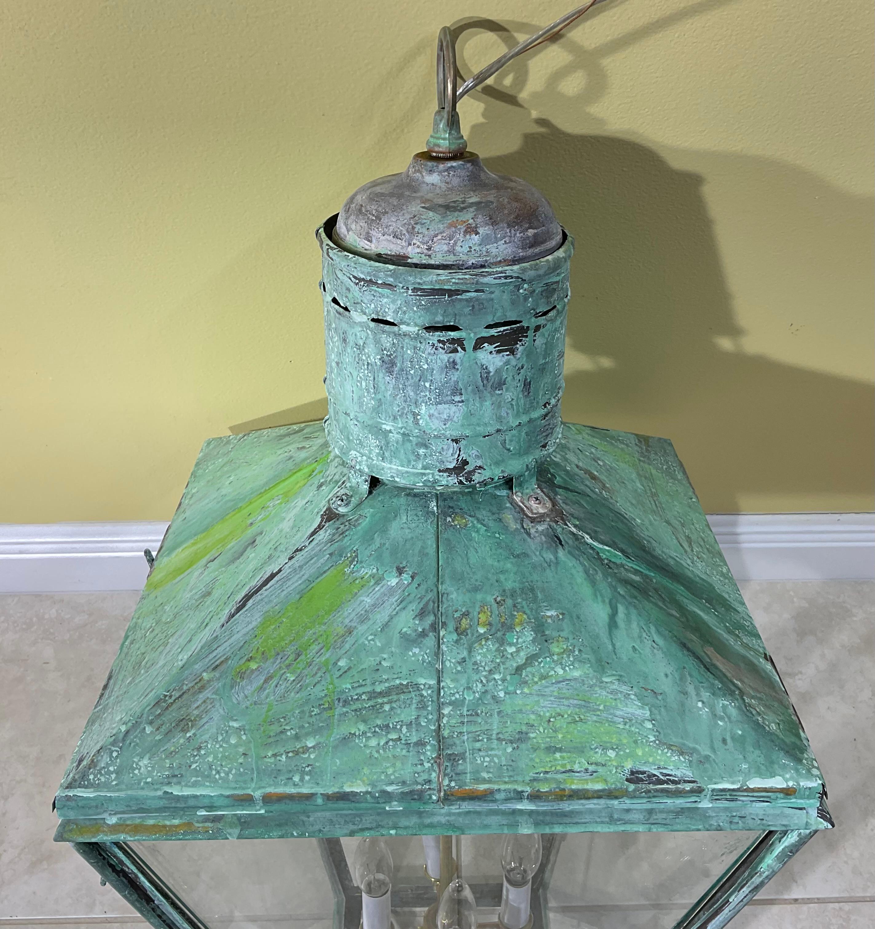Hand-Crafted Large Antique Four-Sides Hanging Copper Lantern