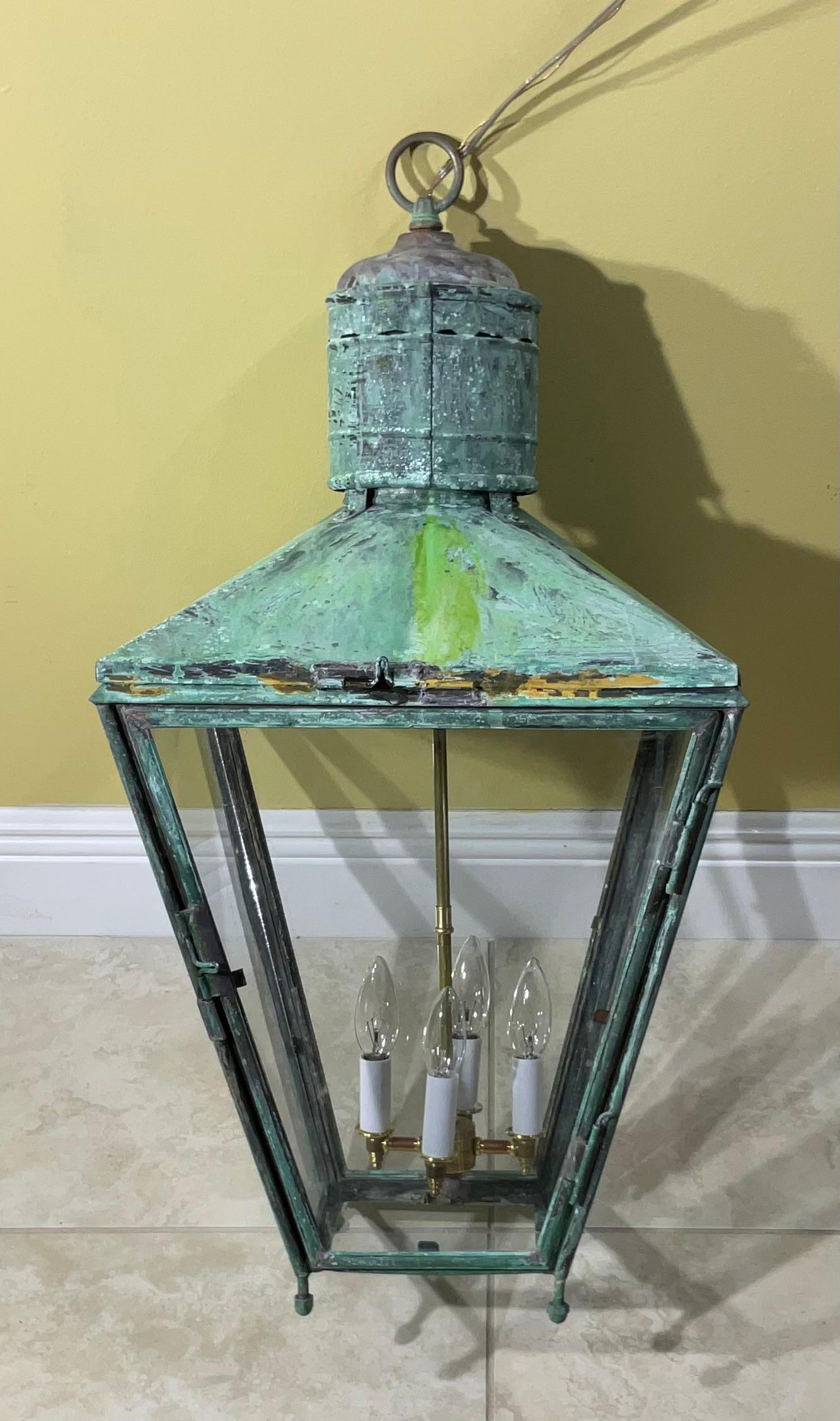 Large Antique Four-Sides Hanging Copper Lantern In Good Condition In Delray Beach, FL