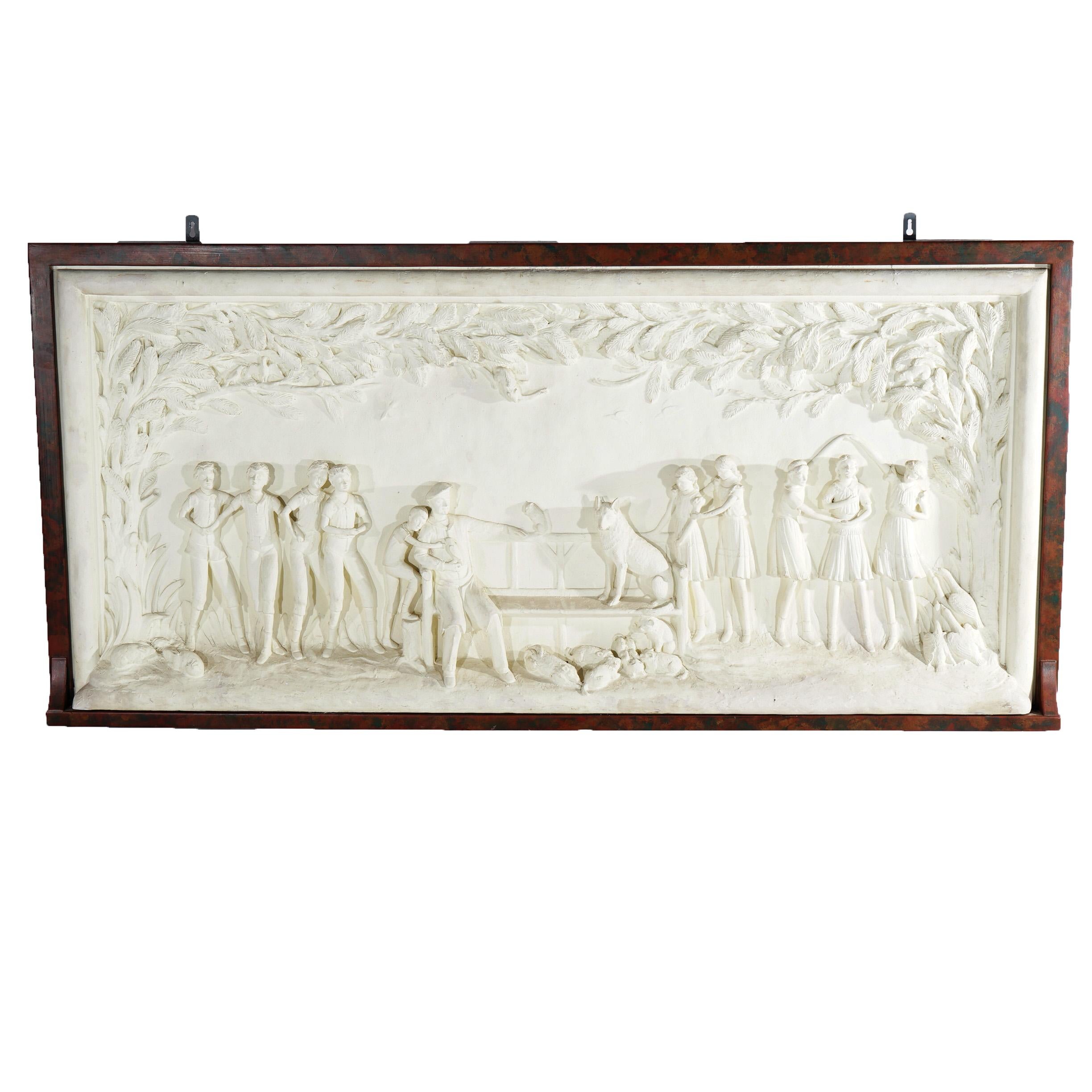 A large antique figural grouping wall sculpture offers framed plaster in high relief with farm scene having grandfather, children and farm animals, c1920

Measures - 37.25