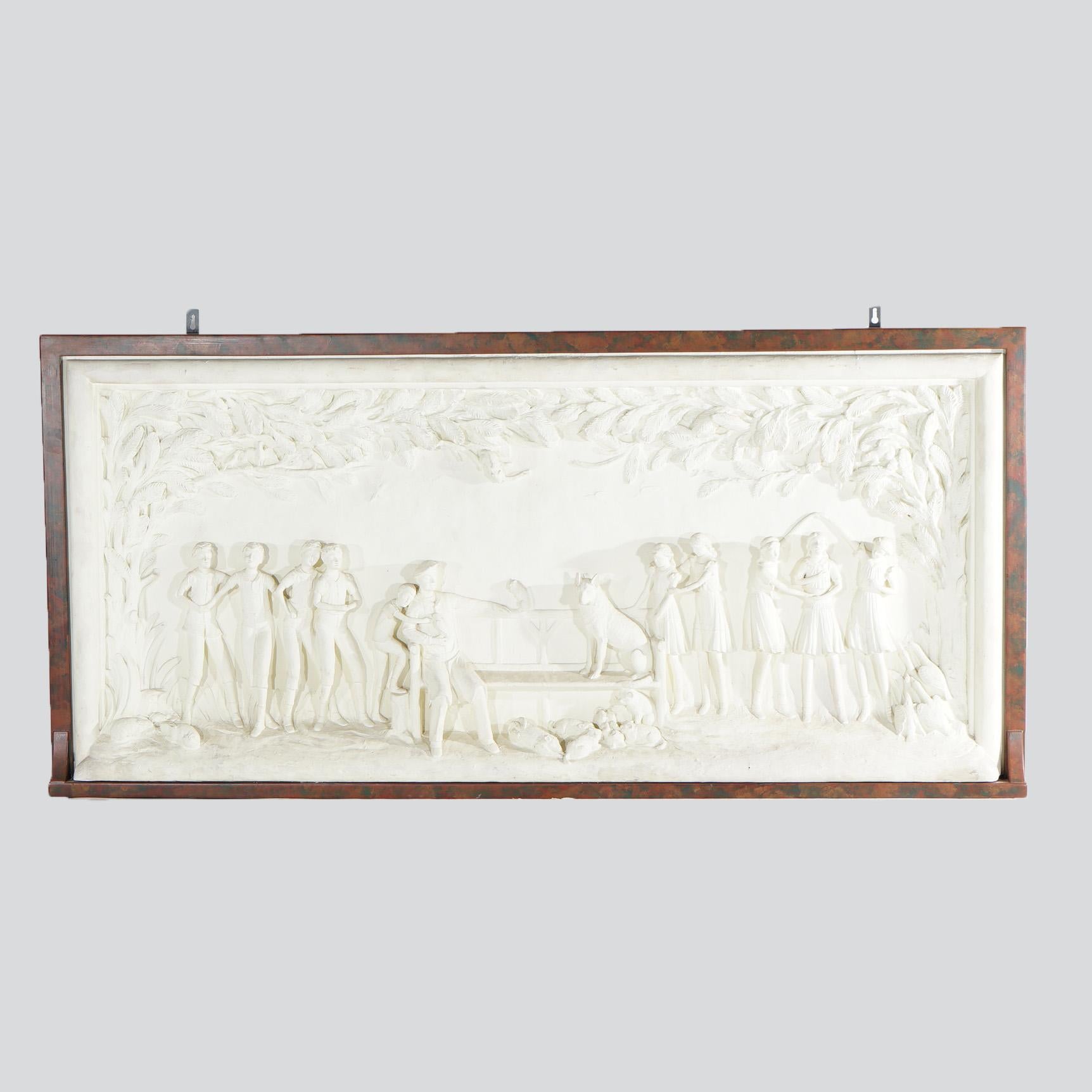 Molded Large Antique Framed Figural Plaster Grouping In High Relief, Farm Scene, c1920