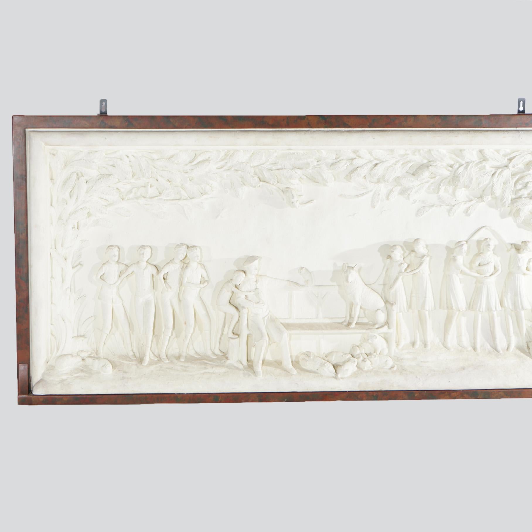 Large Antique Framed Figural Plaster Grouping In High Relief, Farm Scene, c1920 In Good Condition In Big Flats, NY