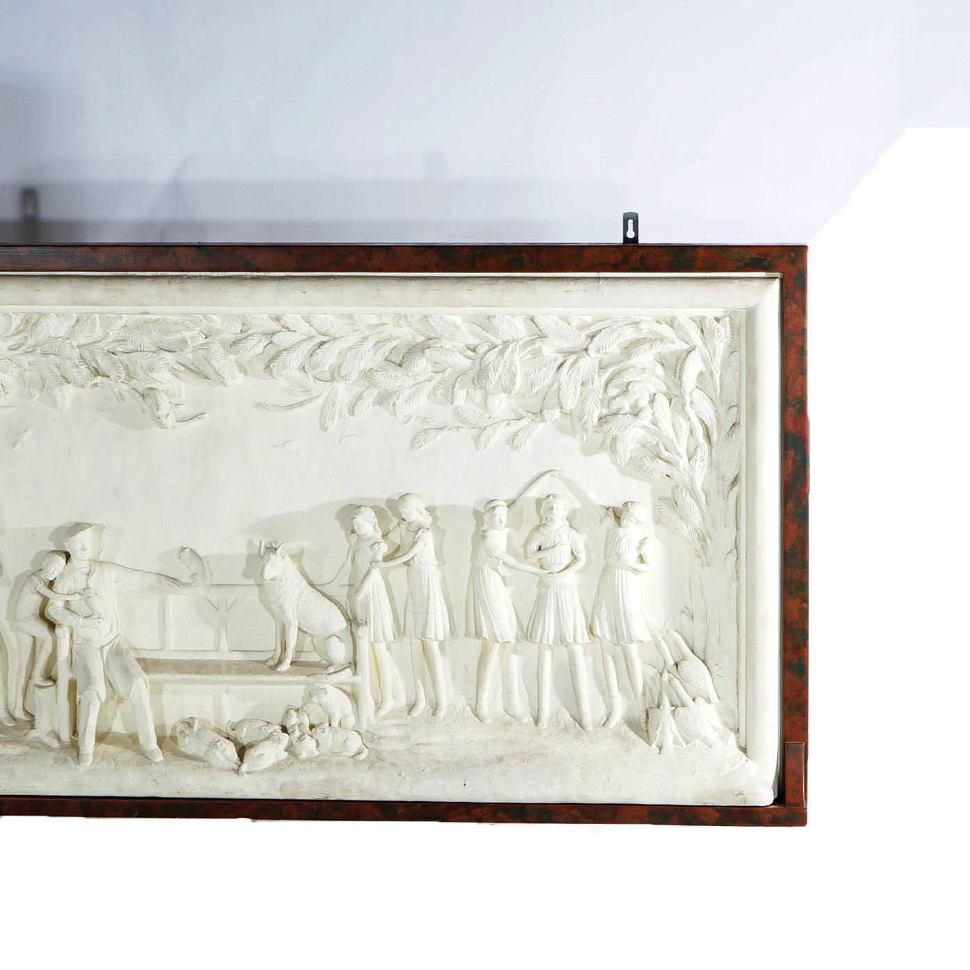 20th Century Large Antique Framed Figural Plaster Grouping In High Relief, Farm Scene, c1920