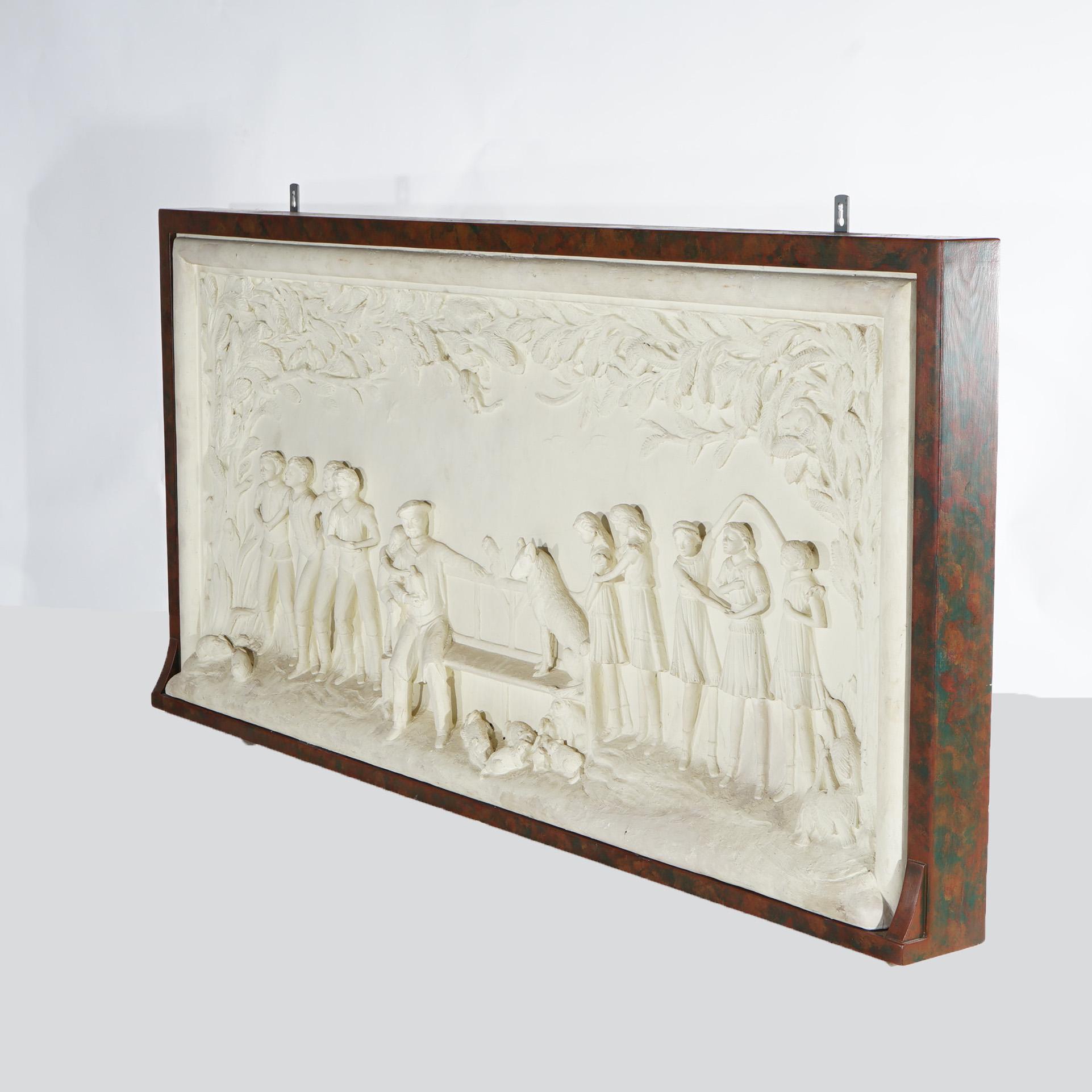Large Antique Framed Figural Plaster Grouping In High Relief, Farm Scene, c1920 4
