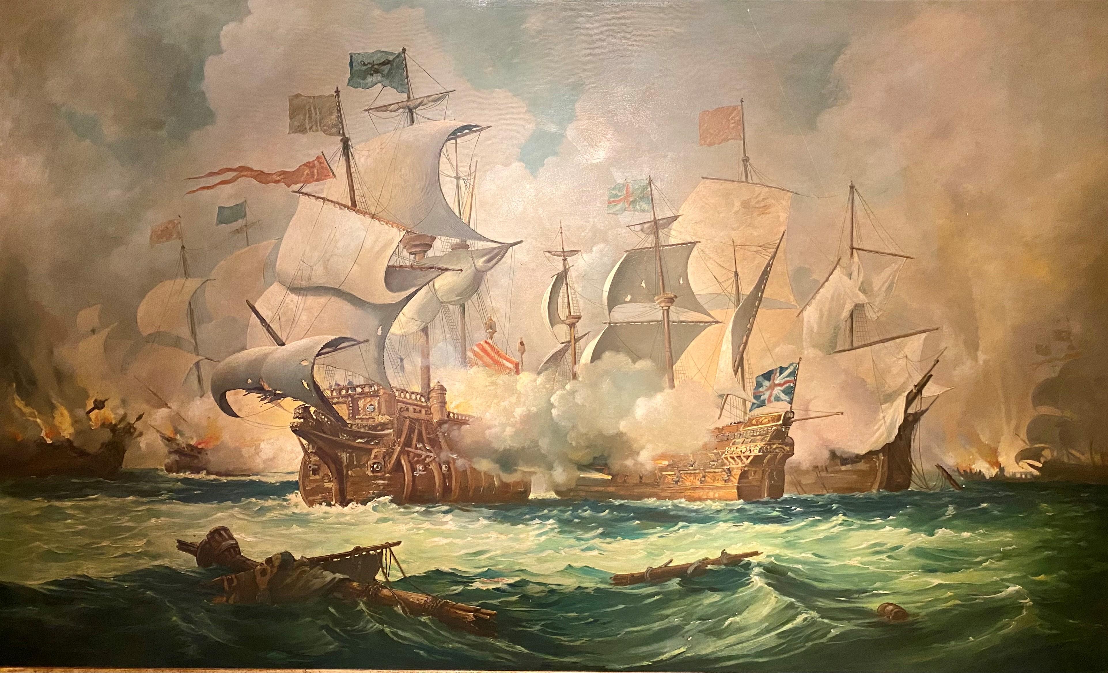 Grand size antique early 20th century framed oil painting of late 18th/early 19th British Royal Navy battle, possibly the battle of Camperdown between the British and Dutch in 1797.
Canvas: 46