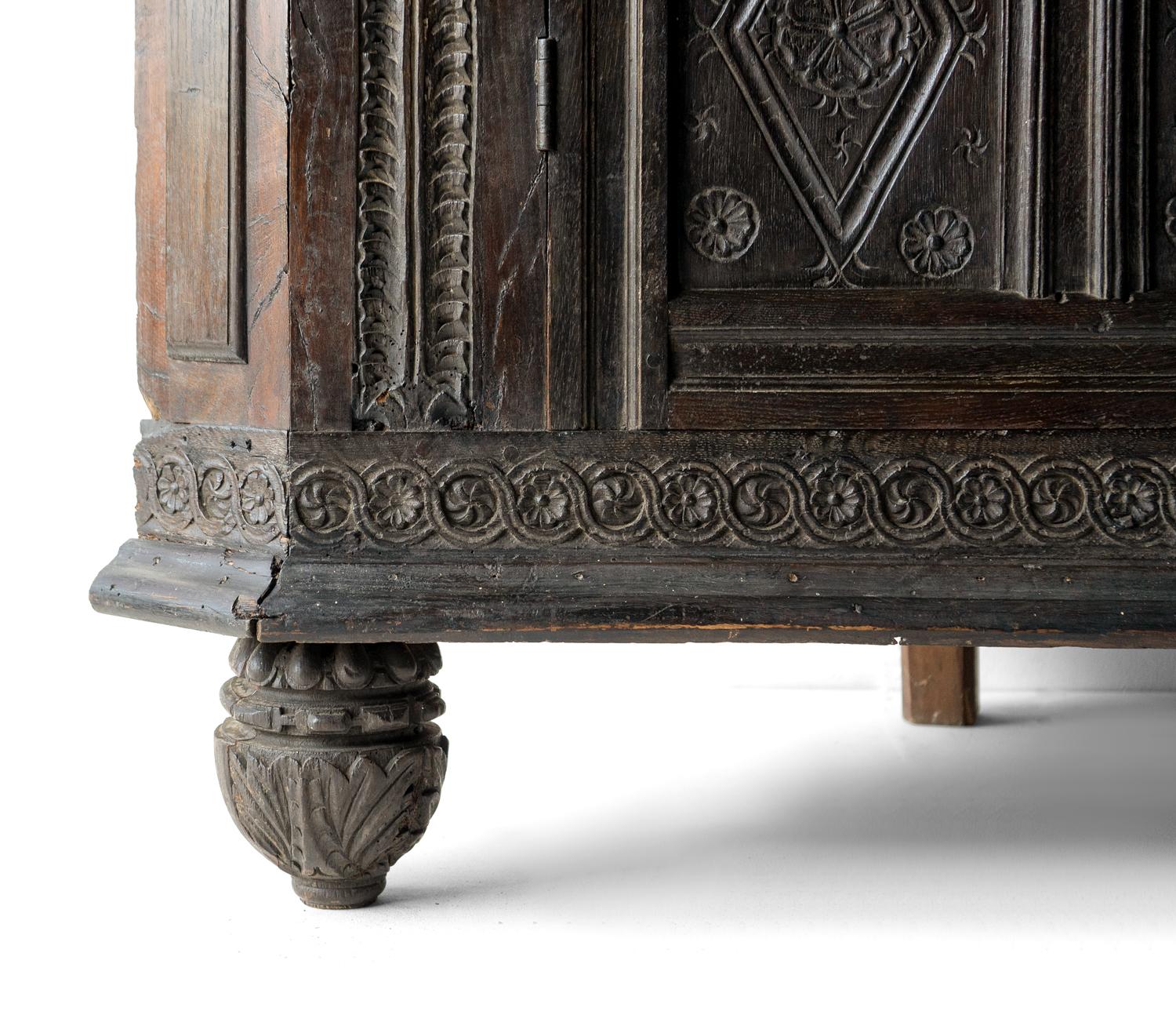 18th Century and Earlier  Large Antique Freestanding Carved Oak Corner Cabinet Cupboard, 17th Century For Sale
