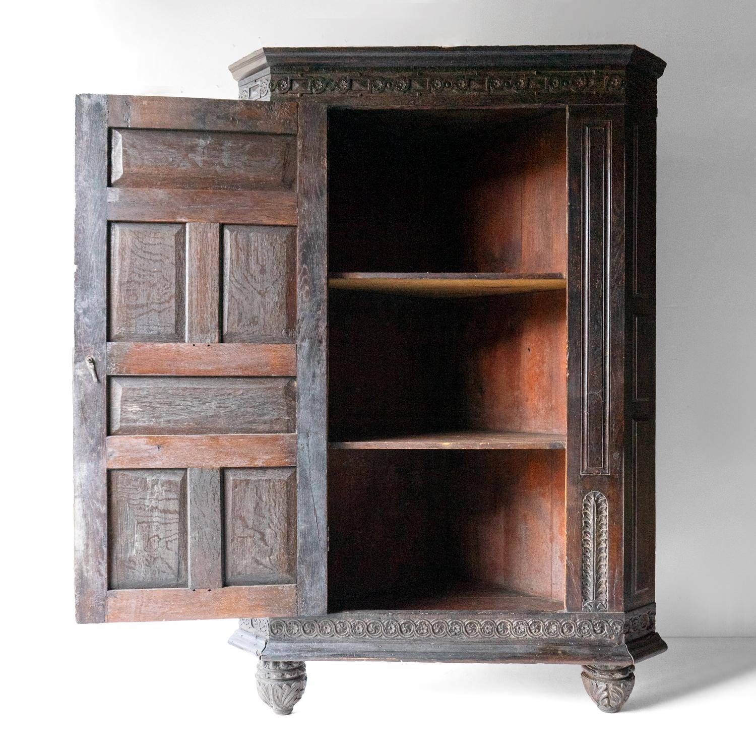 Wood  Large Antique Freestanding Carved Oak Corner Cabinet Cupboard, 17th Century For Sale