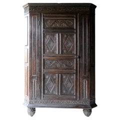  Large Antique Freestanding Carved Oak Corner Cabinet Cupboard, 17th Century