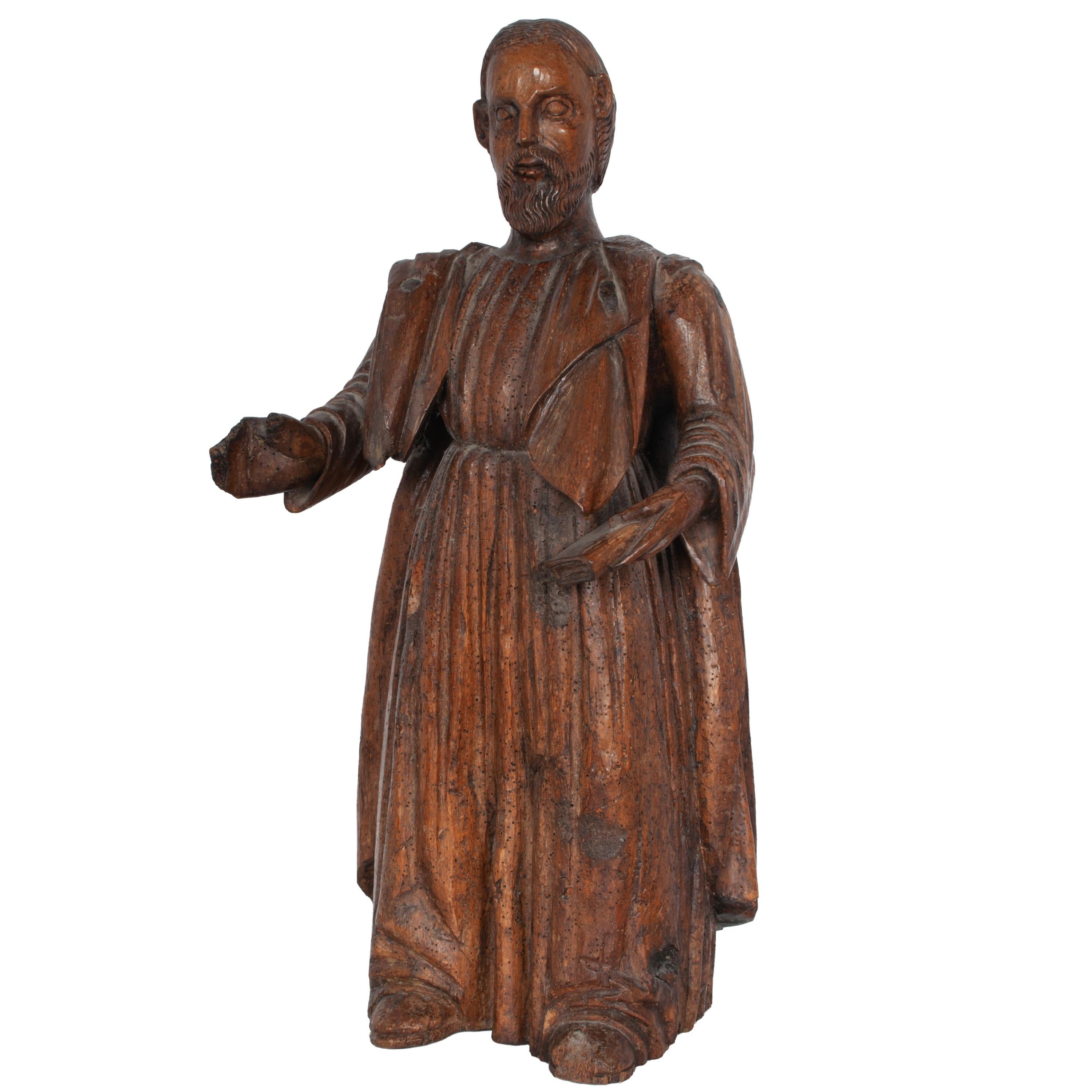 Gran estatua antigua francesa del siglo XVII tallada en nogal de San Pedro Santos en venta 2
