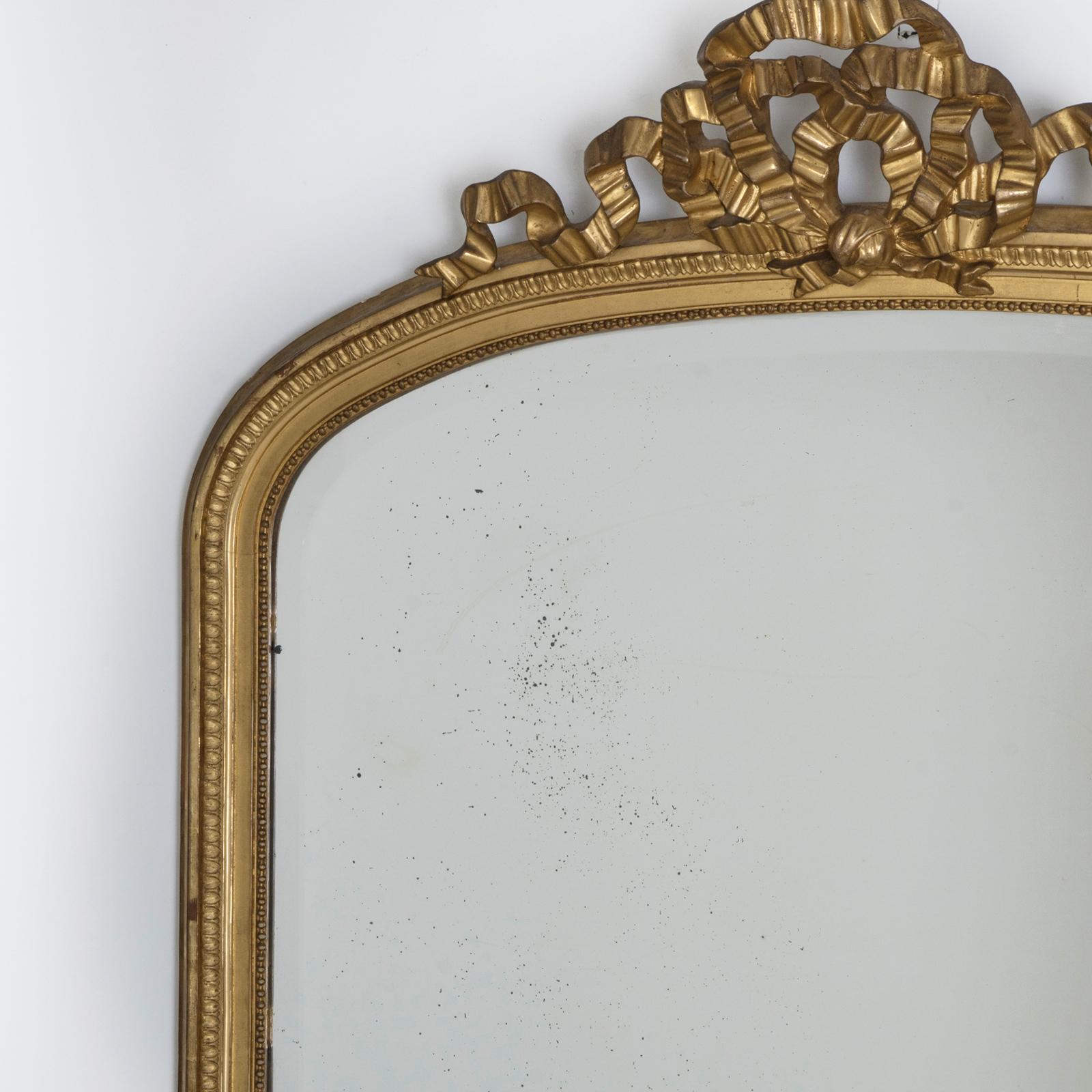 Louis XVI Large Antique French 19th C Gilt Wood Mirror with Bow Cartouche For Sale