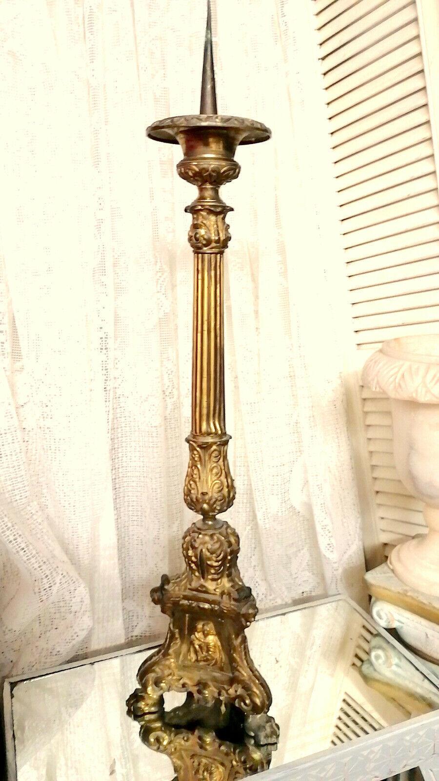 This is a 19th century 1880s French embossed solid brass church/cathedral altar candlesticks from Paris.
The item was embossed images of virgin Mary and Jesus on the sides, it is in good condition with some signs of wear and distressed in some