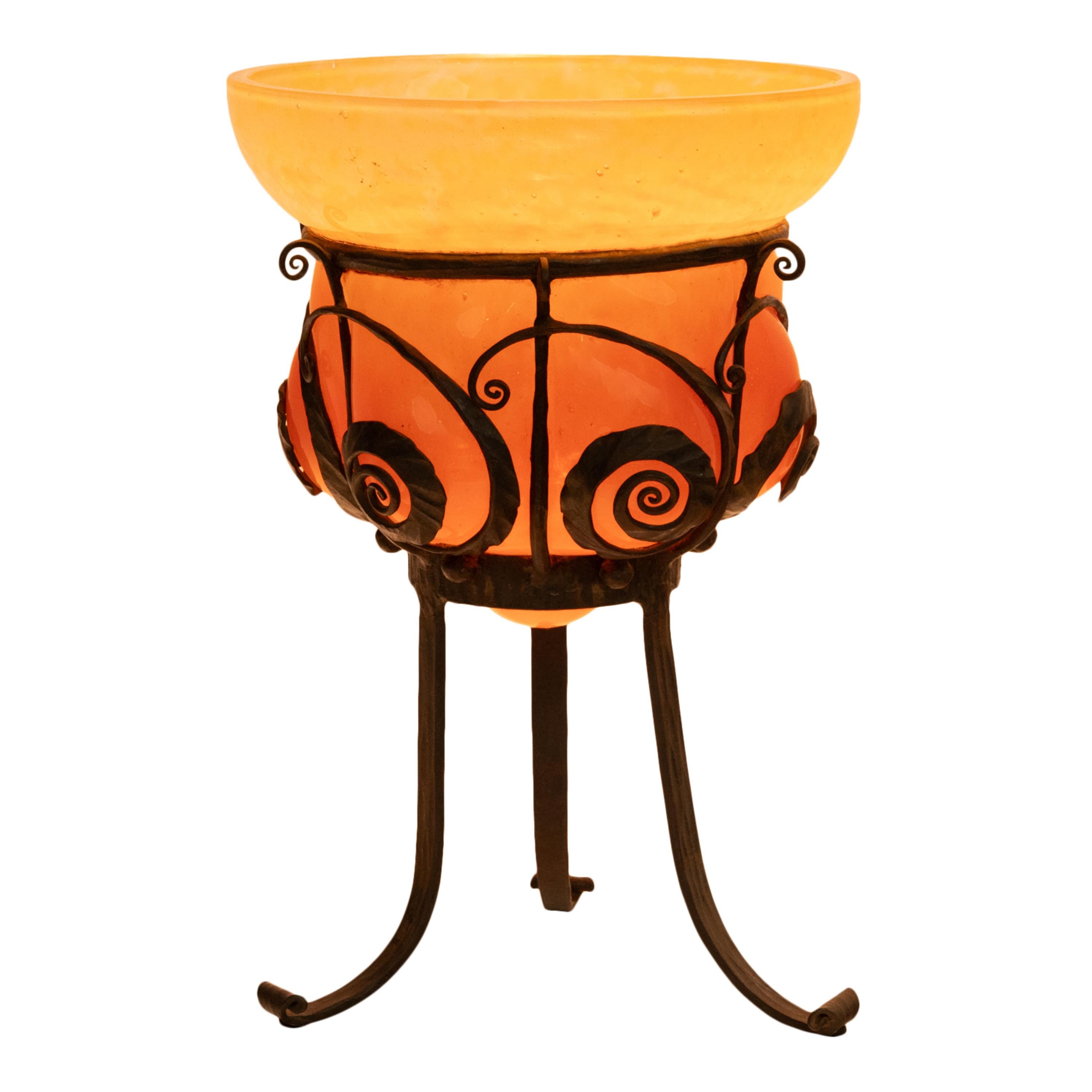 Large Antique French Art Deco Charles Schneider Glass Bowl Iron Stand 1920 In Good Condition For Sale In Portland, OR