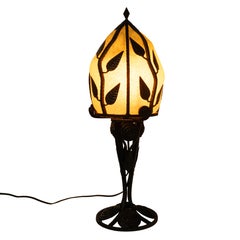 Large Antique French Art Deco Daum Glass & Edgar Brandt Iron Table Lamp 1920s