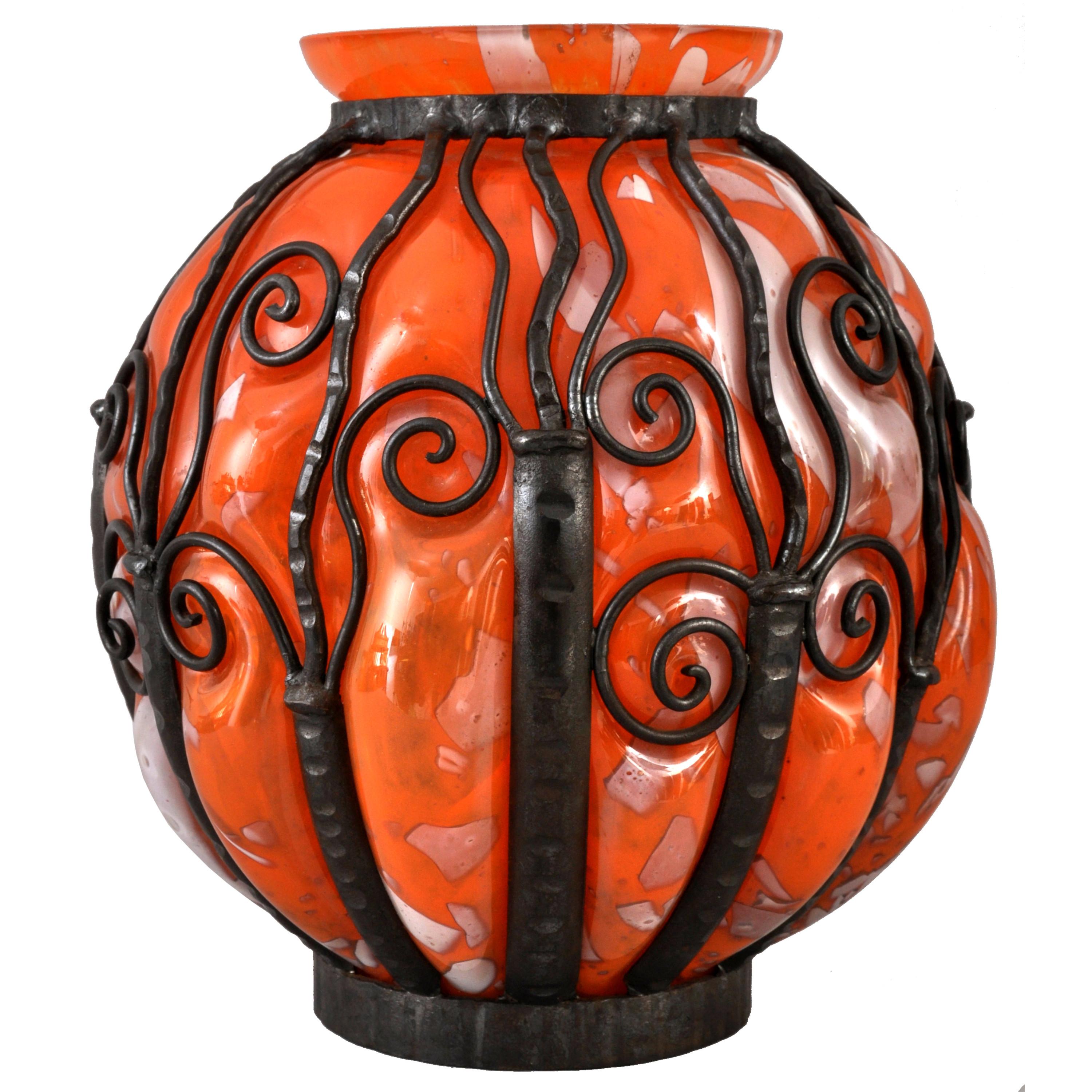 Large Antique French Art Deco Glass Iron Vase Daum Majorelle Lorrain Nancy 1920s 3