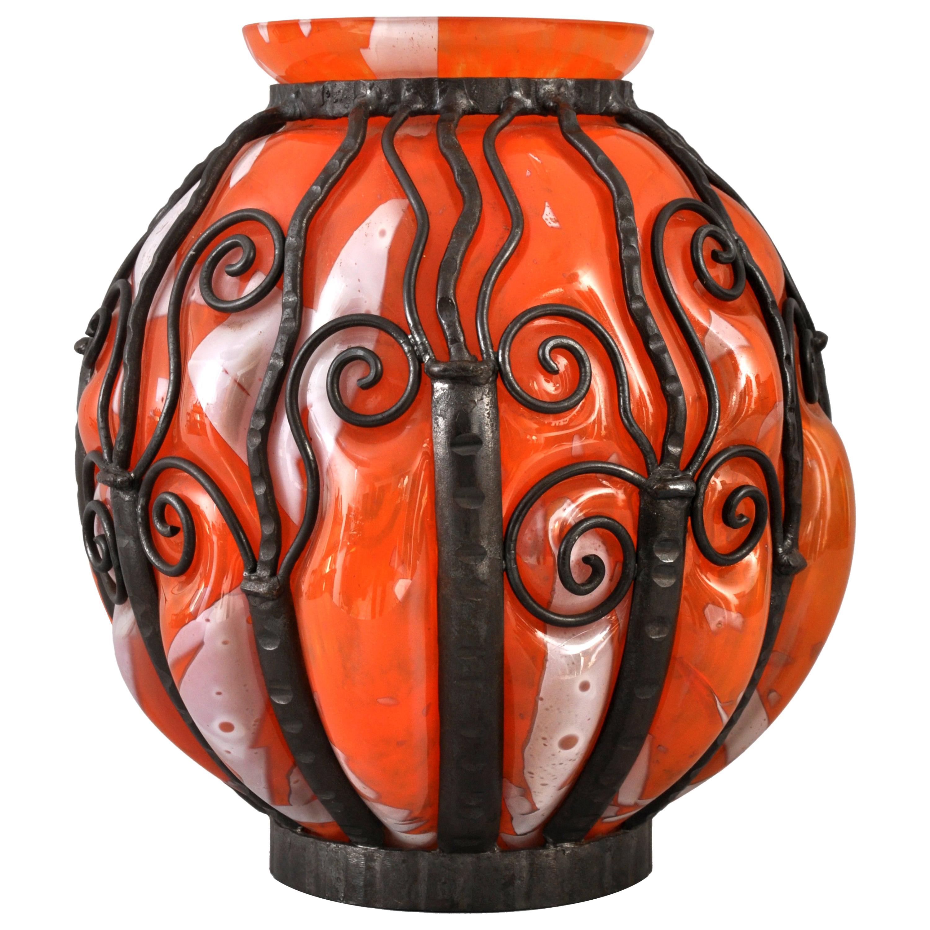 Large Antique French Art Deco Glass Iron Vase Daum Majorelle Lorrain Nancy 1920s