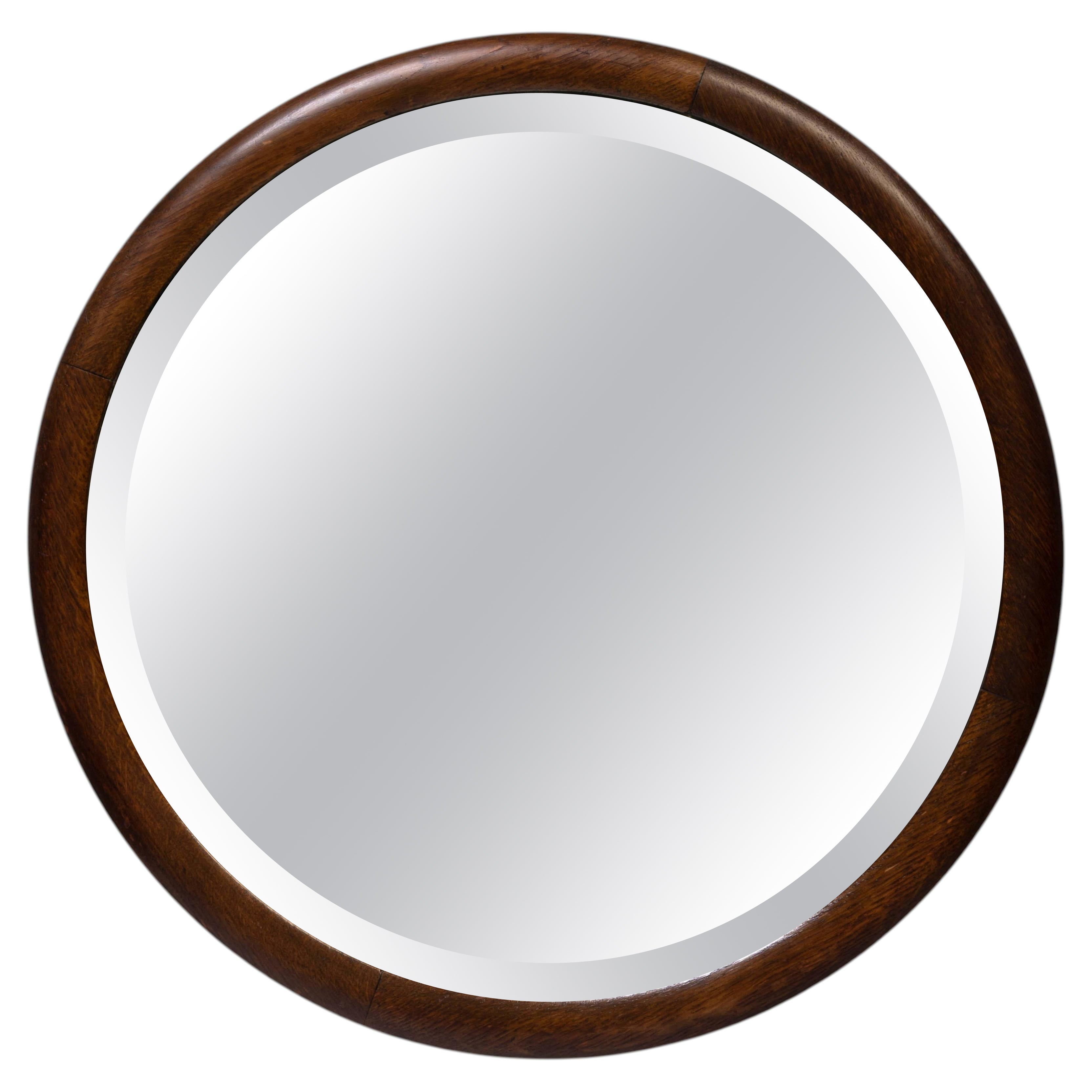 Large Antique French Art Deco Oak Round Porthole Mirror C.1920