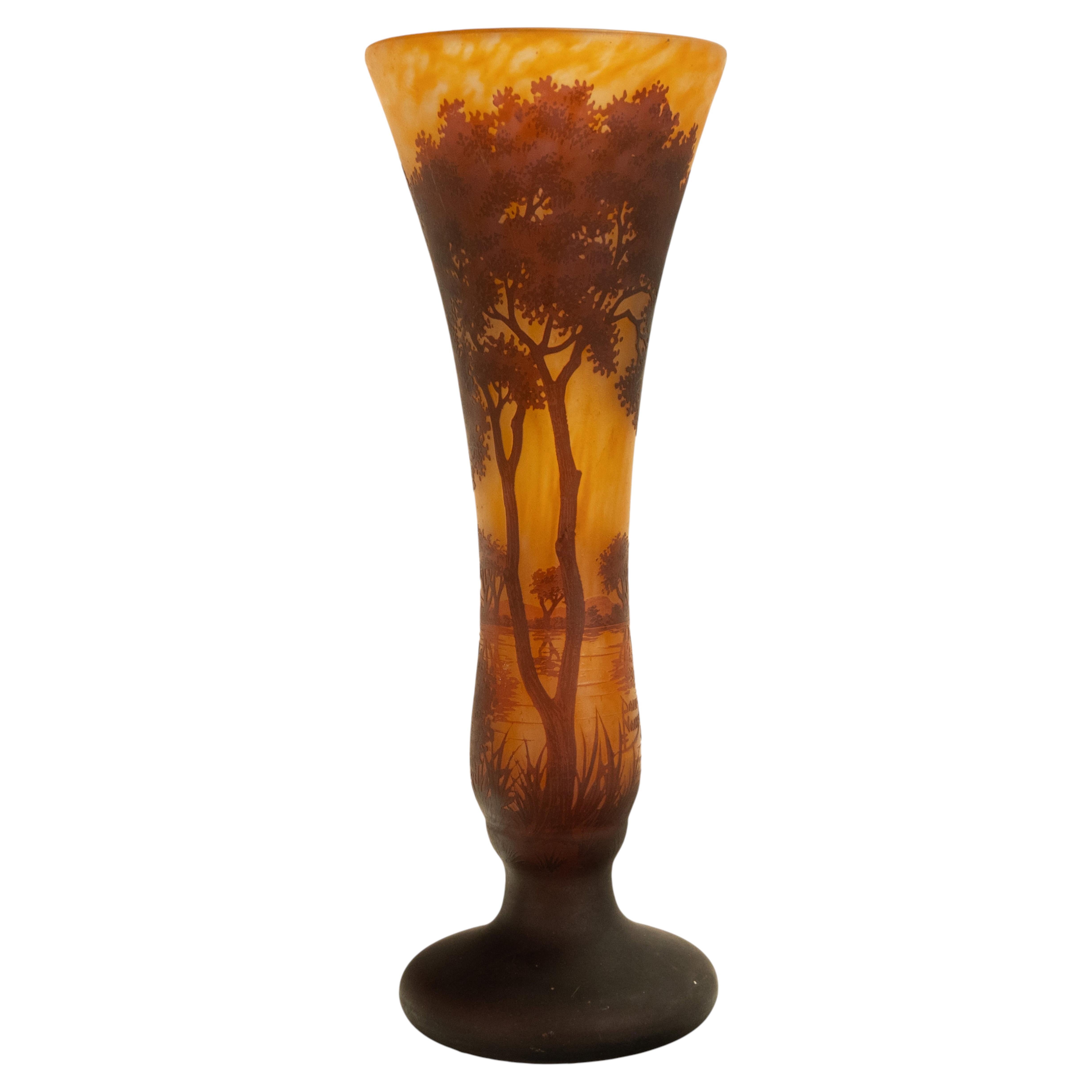 Large Antique French Art Nouveau Daum Nancy Cameo Tree Landscape Glass Vase 1900