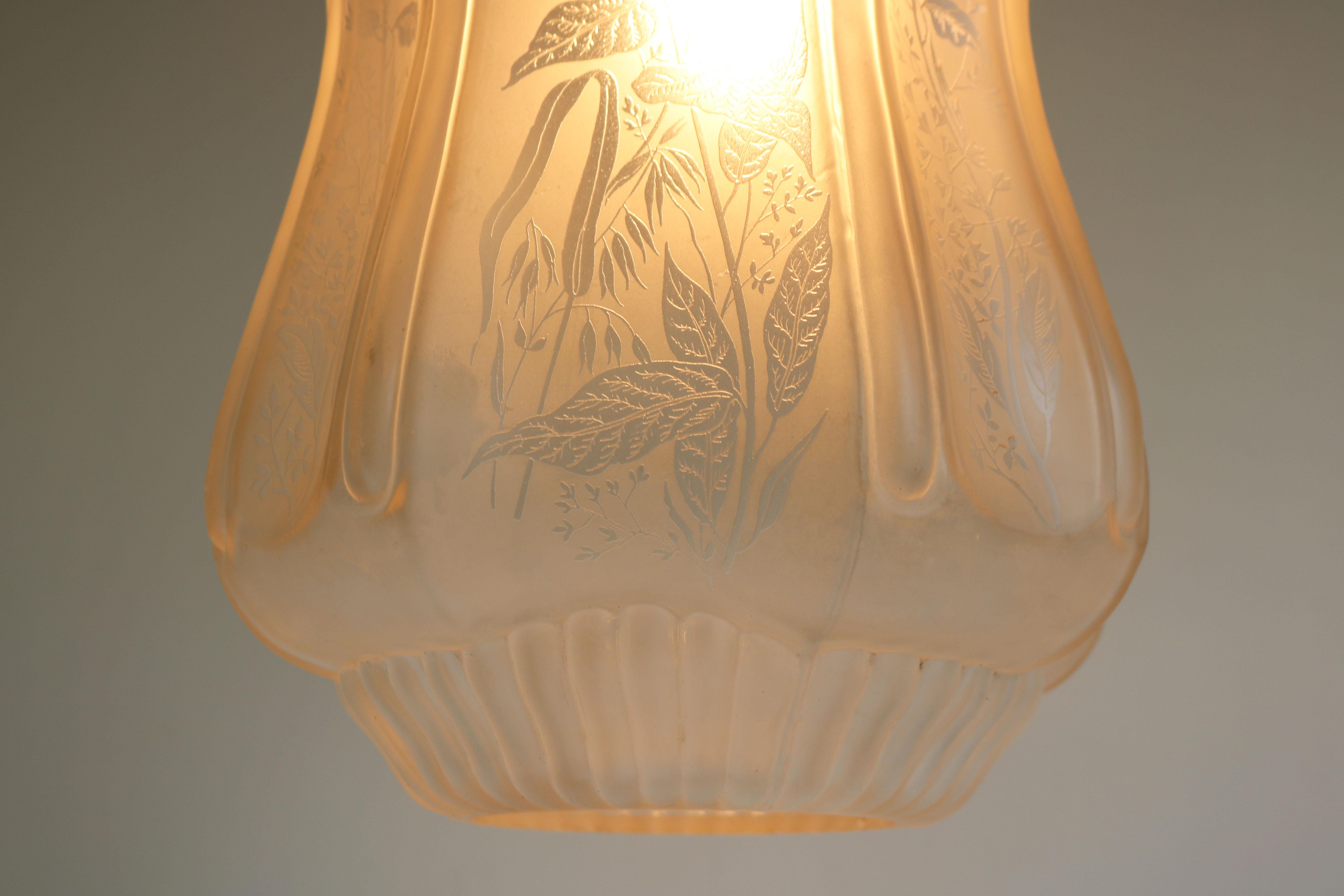 Exquisite large Art Nouveau pendant light with Floral carved glass shade from France 1910. 
The large glass shade is breathtaking ! Made from thick frosted glass and decorated with highly detailed floral carvings.
When lit the carvings are