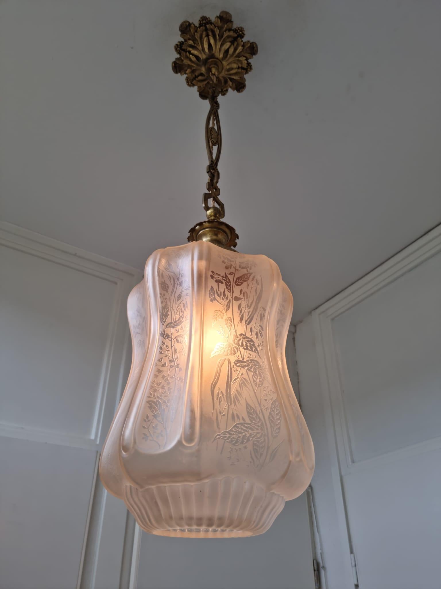 Large Antique French Art Nouveau Pedant Light 1910 Floral Glass Light Chandelier For Sale 14