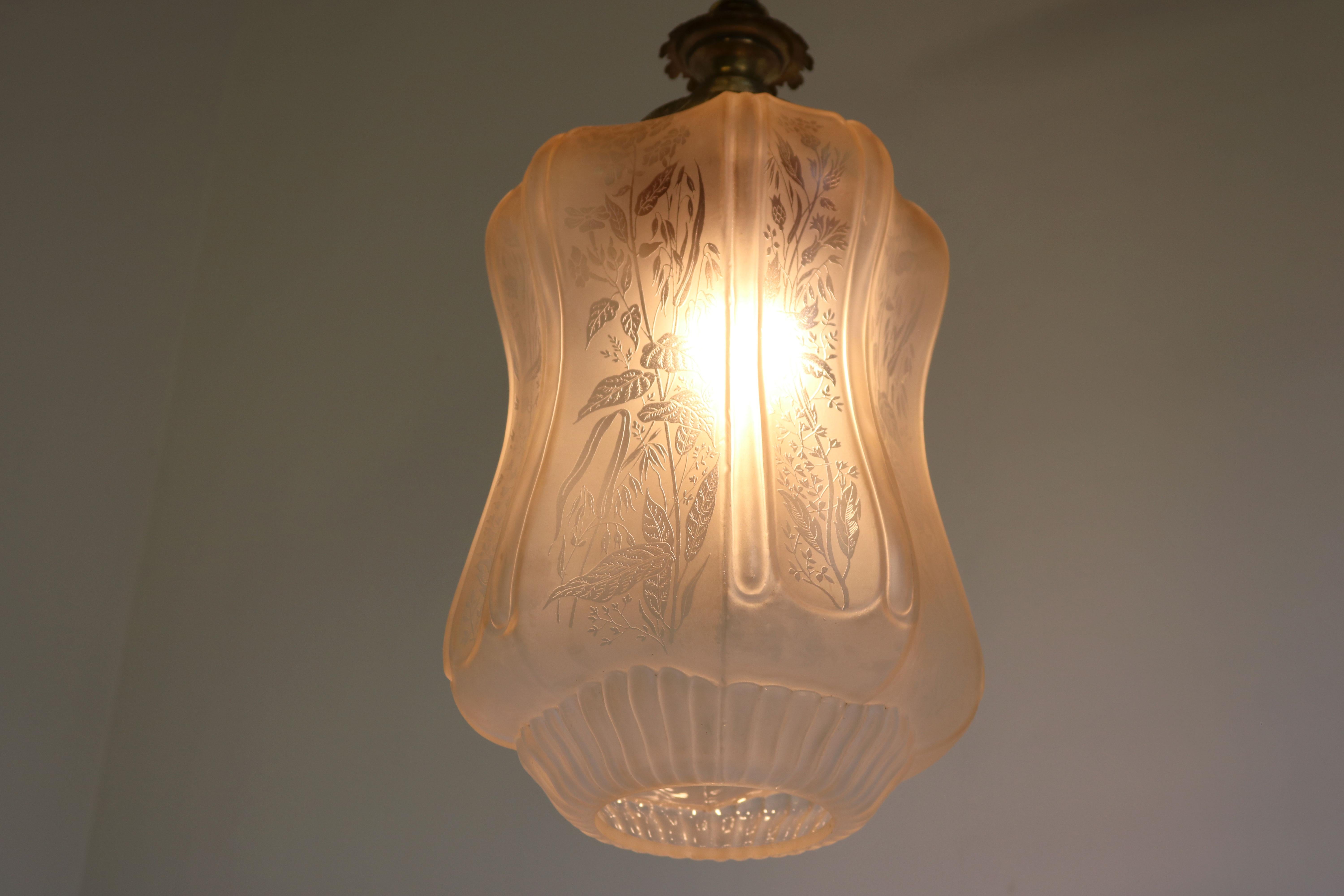 Hand-Crafted Large Antique French Art Nouveau Pedant Light 1910 Floral Glass Light Chandelier For Sale