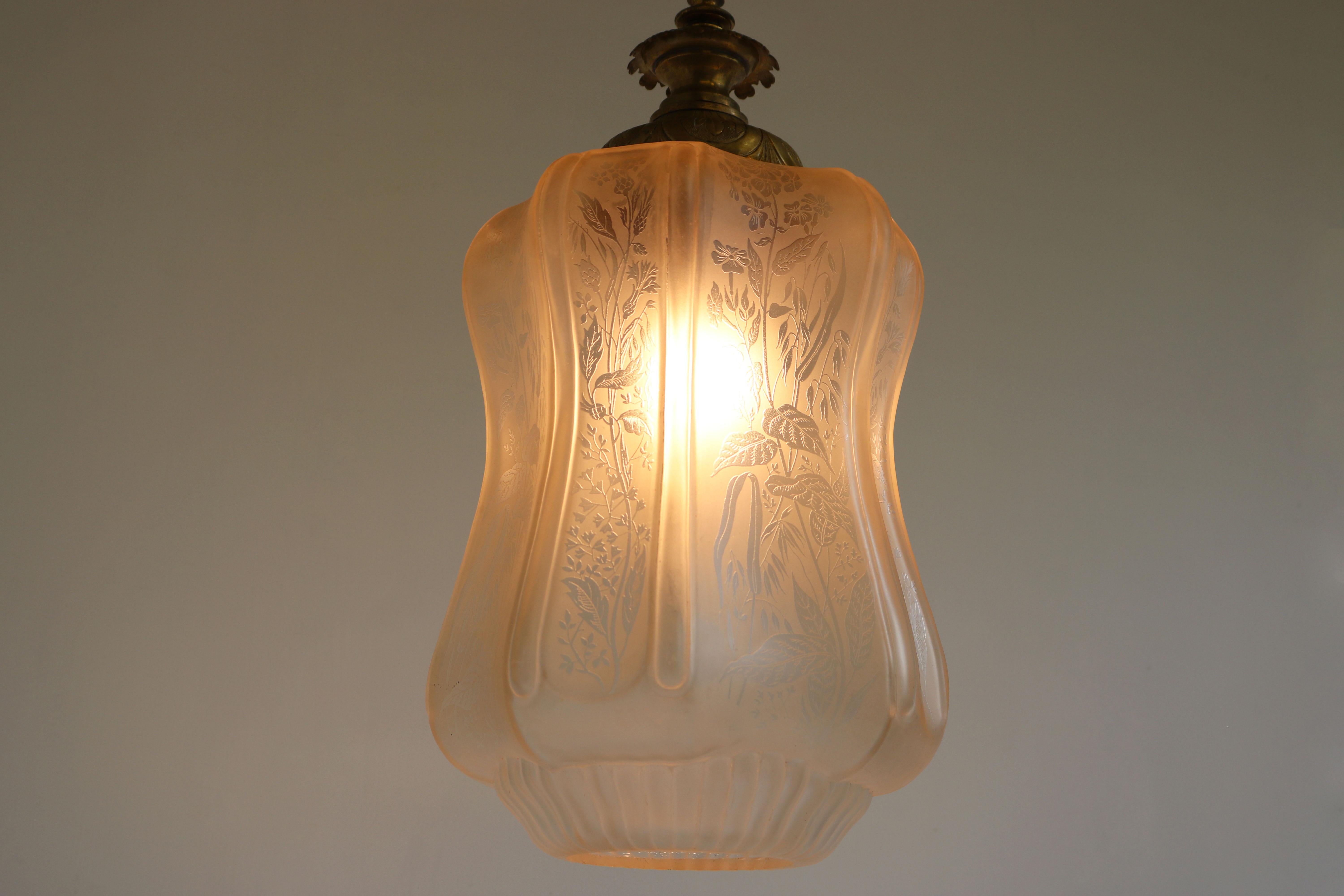 Brass Large Antique French Art Nouveau Pedant Light 1910 Floral Glass Light Chandelier For Sale