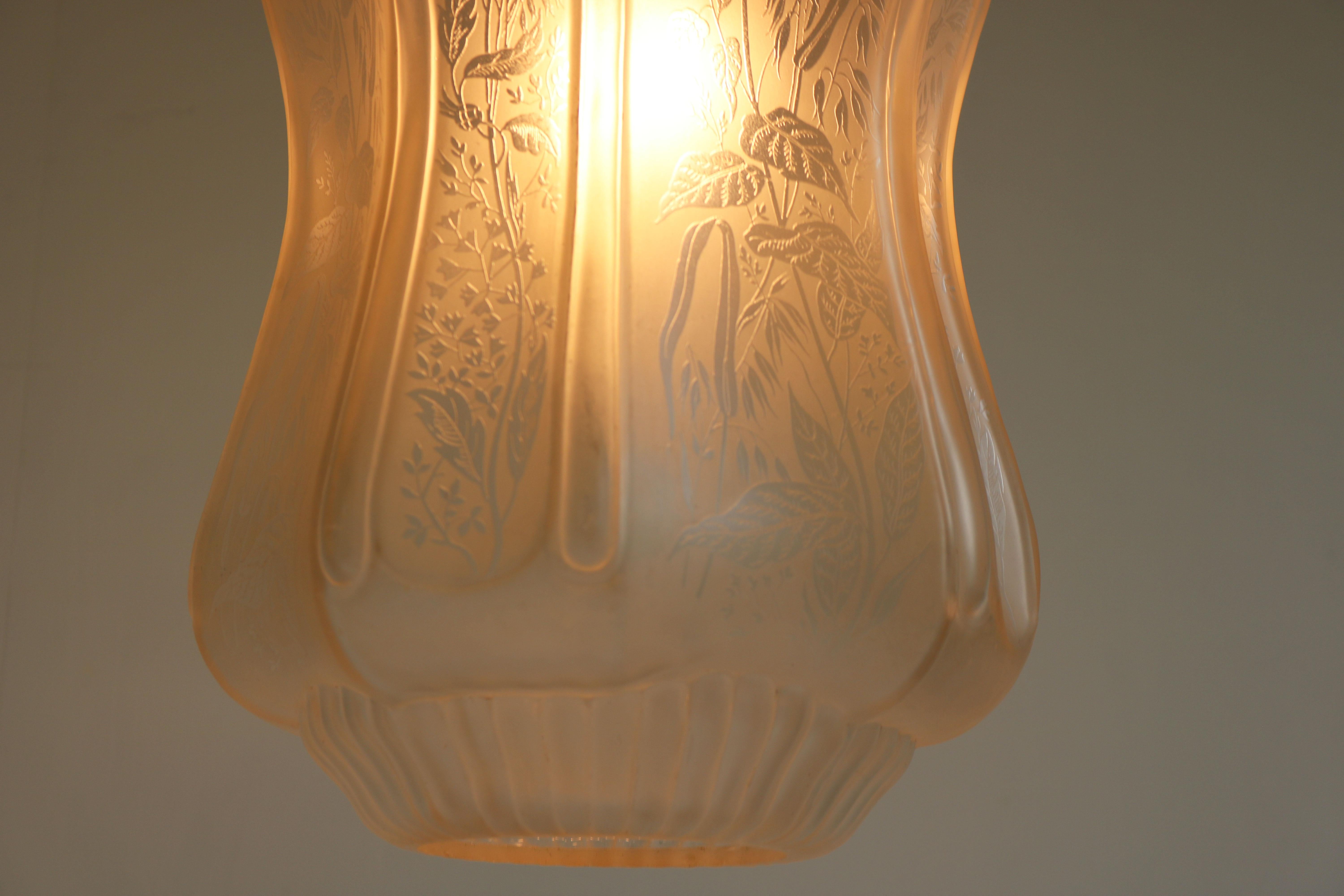 Large Antique French Art Nouveau Pedant Light 1910 Floral Glass Light Chandelier For Sale 1