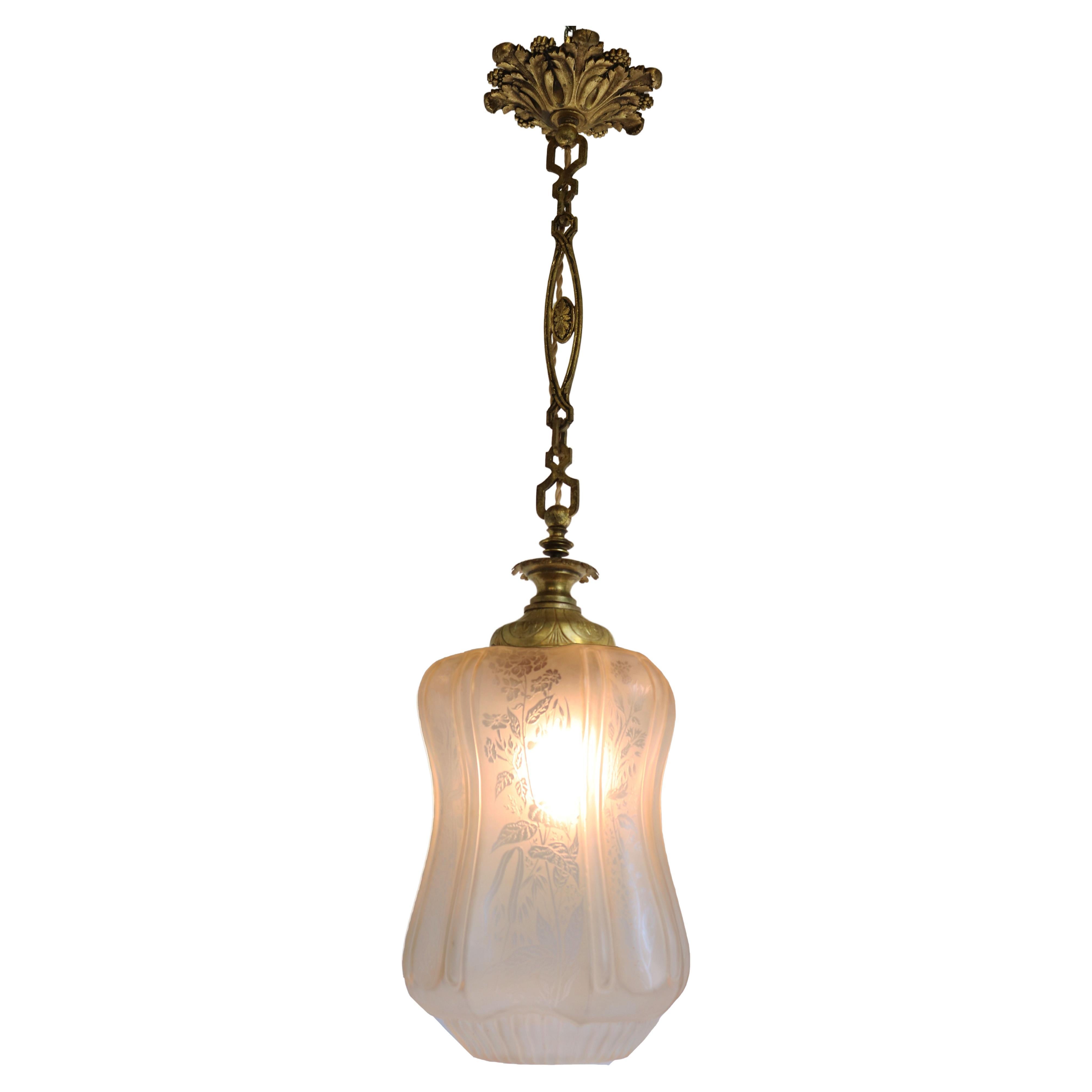 Large Antique French Art Nouveau Pedant Light 1910 Floral Glass Light Chandelier For Sale