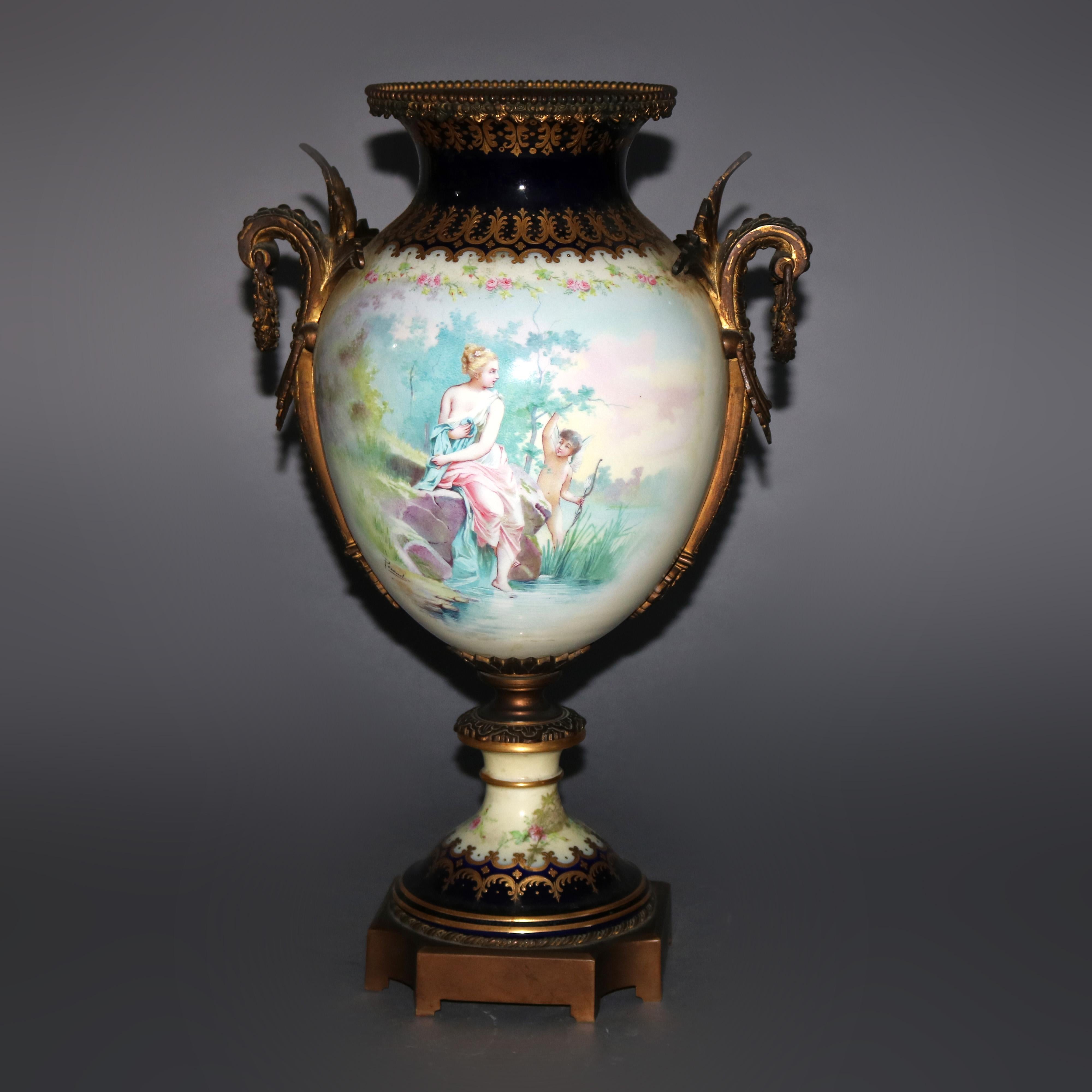 Large Antique French Atttr Sevres Hand Painted Porcelain & Ormolu Urn 19th C In Good Condition In Big Flats, NY